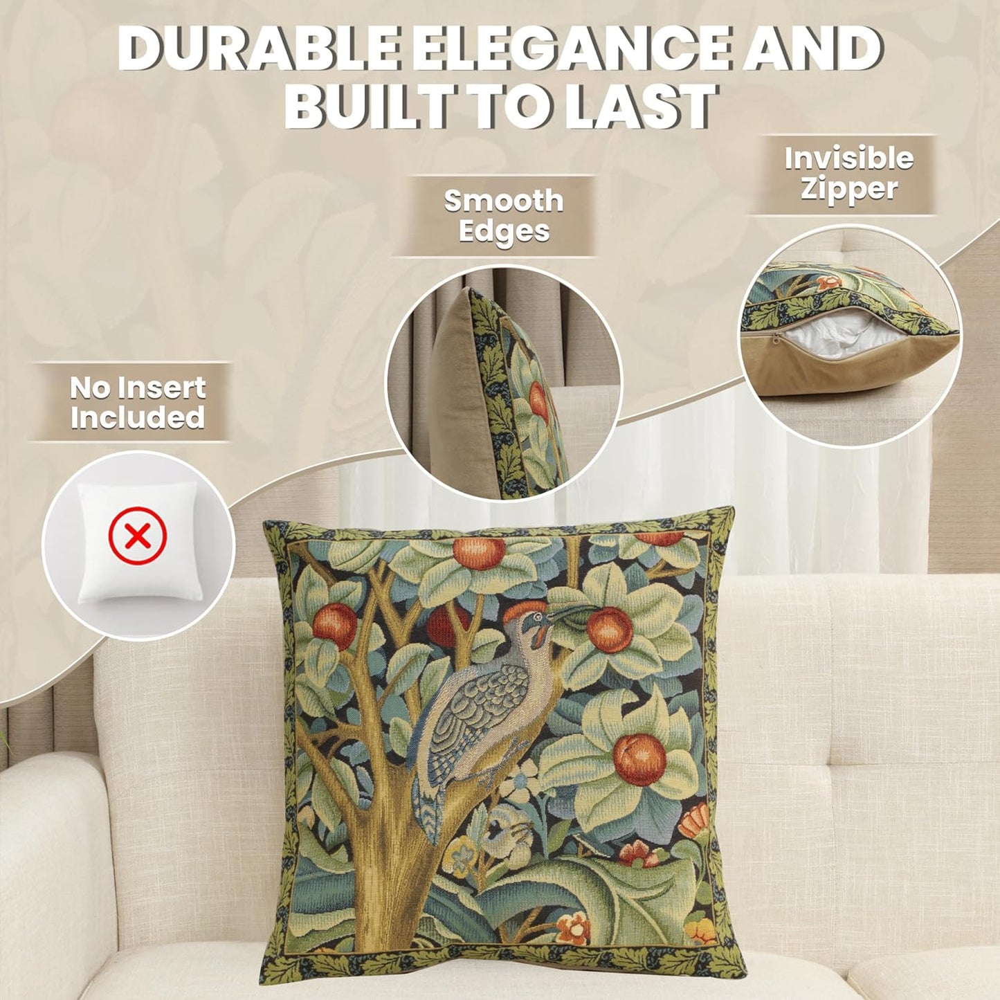 Charlotte Home Furnishings Throw Pillow Covers, Decorative Boho Pillow Covers for Couch, Living Room, Black Woodpecker Square Cushion Cases 18x18 in, European Cotton Jacquard Woven, Cozy Bedroom Decor