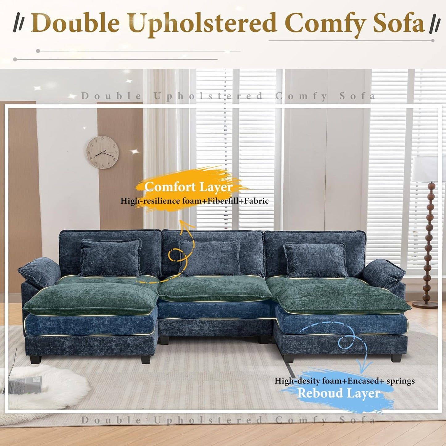URRED Modular Sectional Sofa Comfy Cloud Couch, Modern Chenille Sofa Sleeper Deep Seat Couches with Ottoman/Pillows for Living Room (Blue, 117'' - U Shape)
