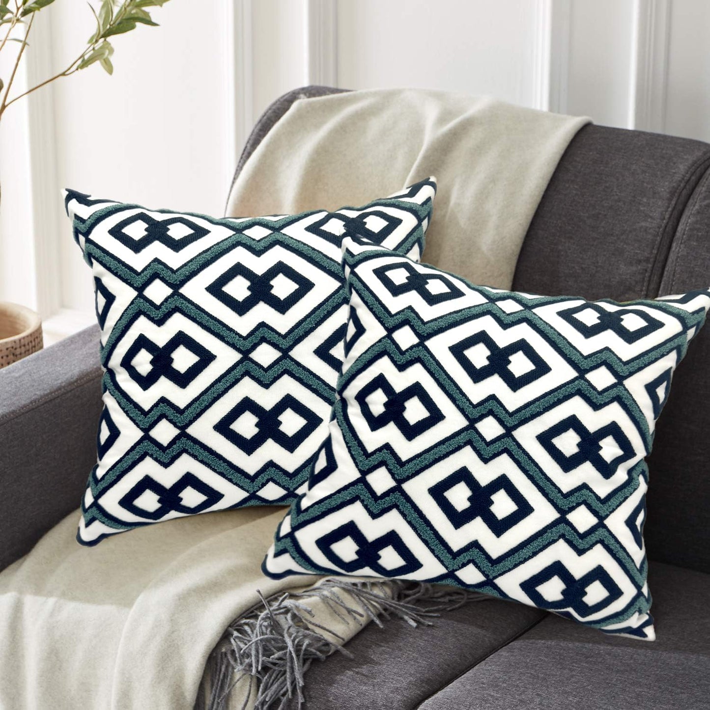 Alysheer Embroidered Decorative Throw Pillow Cover 18"x 18" Set of 2, Classic Boho Geometric Embroidery Pattern Cotton Square Cushion Case for Sofa Couch Living Room Bedroom (Navy Aqua)