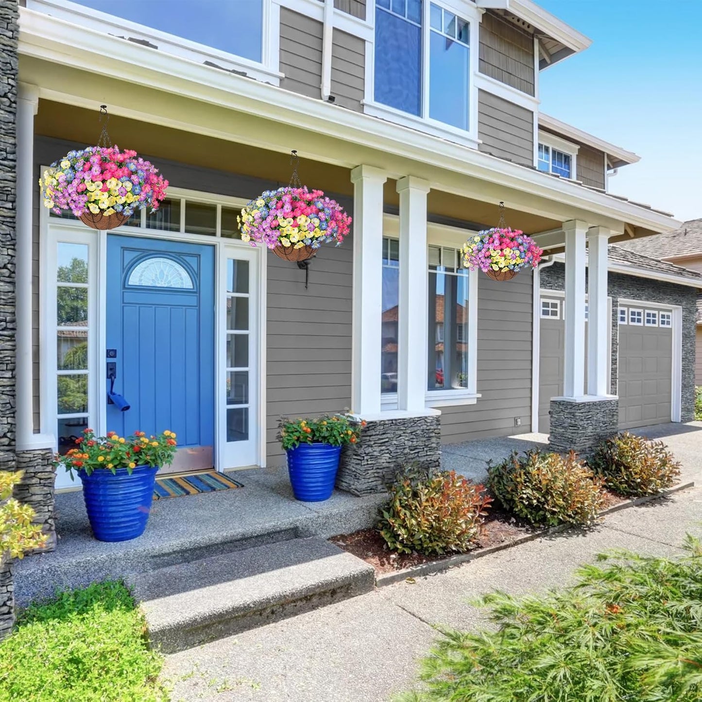 Artificial Faux Hanging Plants Flowers Basket for Outdoors Spring Summer Decoration, Silk Morning Glory Eucalyptus Look Real UV Resistant Fake Flowers for Porch Outside Patio Balcony Yard Home Garden