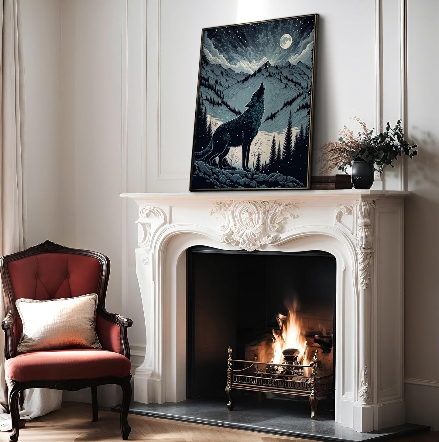 Poster Master Howling Wolf Poster - Moon Print - Mountain Art - Wolf & Moon Art - Gift for Men, Women & Animal Lover - Landscape Decor for Bedroom, Living Room or Kid's Room - 8x10 UNFRAMED Wall Art