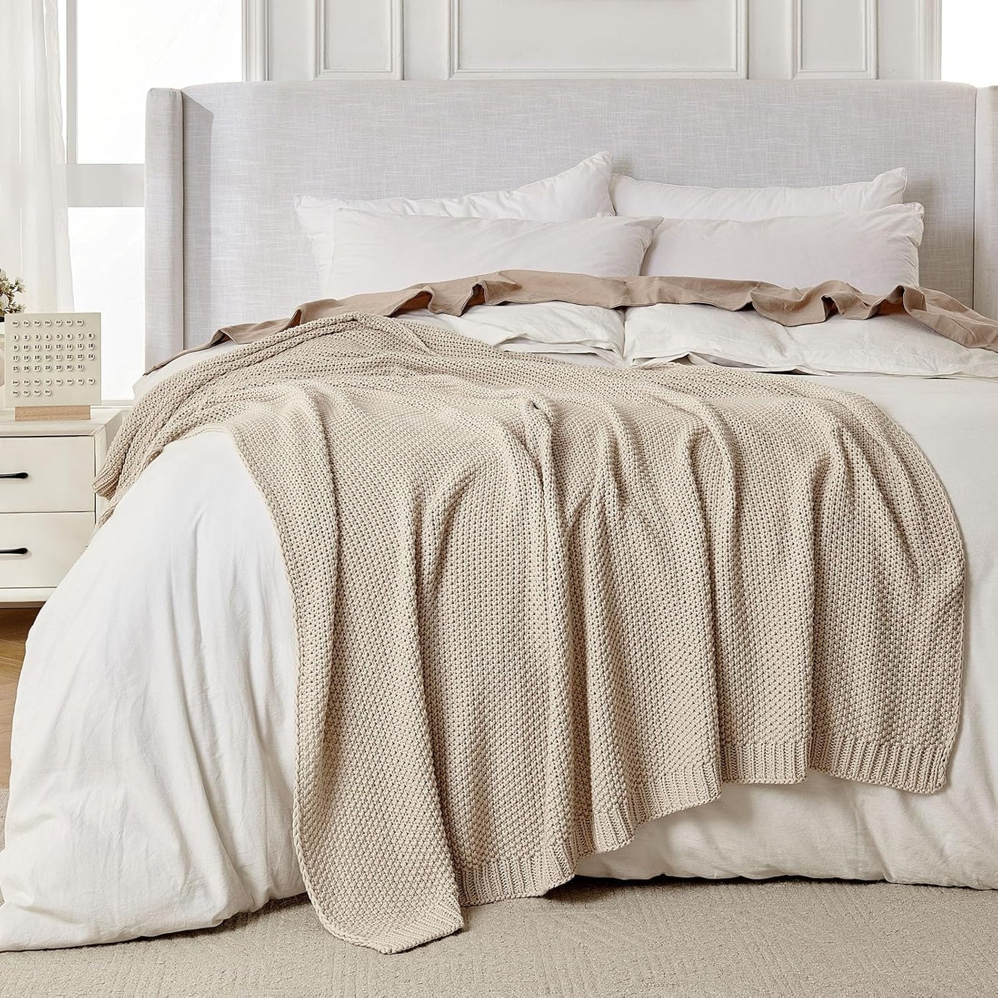 Joydeco Chunky Cable Knit Throw Blanket, Lightweight 100% Organic Cotton Soft Cozy Throw Twin Blanket for Couch Bed and Sofa, Rustic Breathable Farmhouse Blanket Gift for Women Men(Beige, 60"x80")