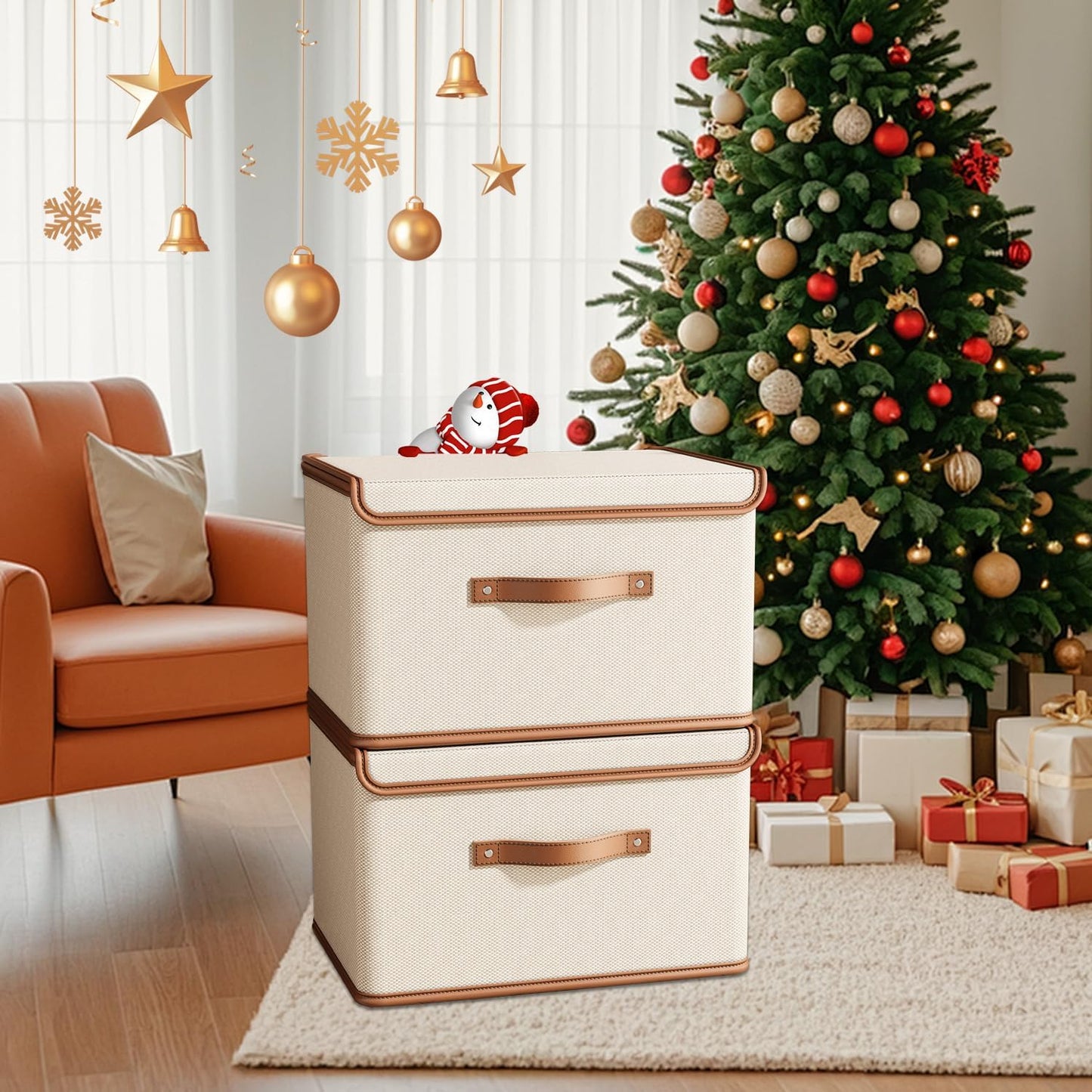 Tuza 4 Pack Storage Bins with Lids, Collapsible Closet Organizer Container, Fabric Organizer Box with Handles, Decorative Storage Boxes with Lids for Organizing Clothes, Books, File, White, Medium