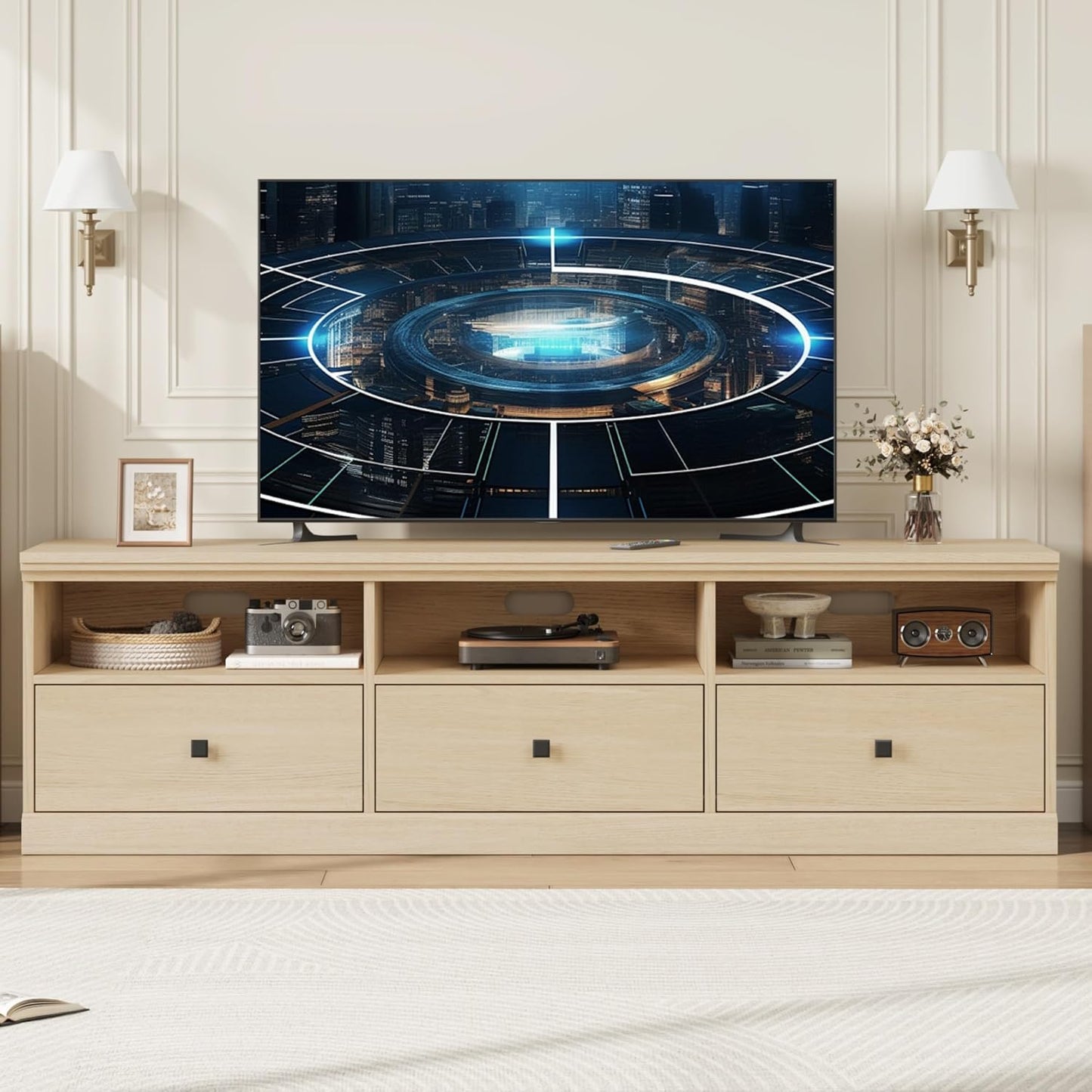 IDEALHOUSE 70in TV Stand for TVs up to 80", Mid Century Modern Entertainment Center with Storage Drawer and Open Shelves, TV Console Media Cabinet for Living Room, Bedroom (Light Oak)