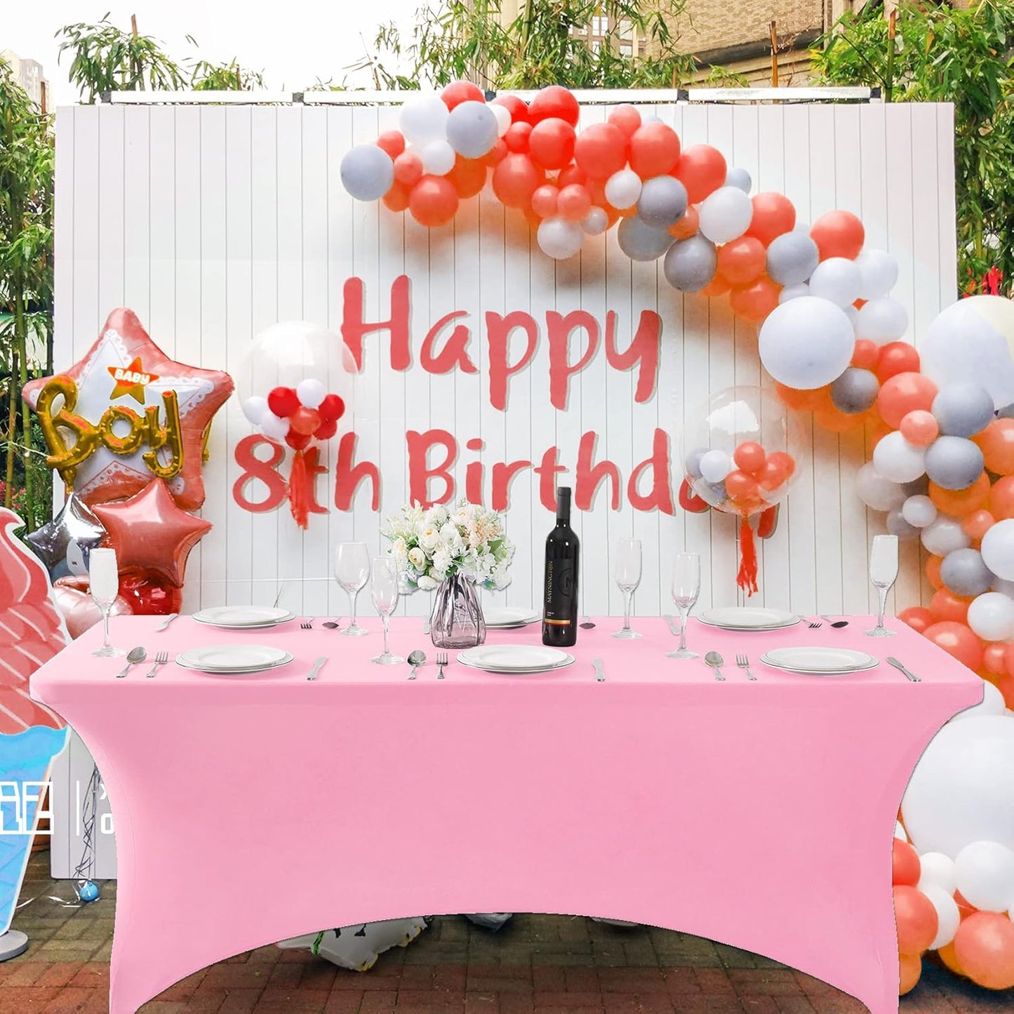 SuperO Waterproof Spandex Table Cover for 4FT Table Universal Fitted Stretch Tablecloth for Party, Banquet, Wedding and Events-Pink