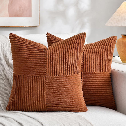 Fancy Homi 2 Packs Rust Euro Decorative Throw Pillow Covers 28x28 Inch for Bedroom Bed, Farmhouse Boho Home Decor, Soft Corss Corduroy Patchwork Textured Square Terracotta Cushion Case 71x71 cm