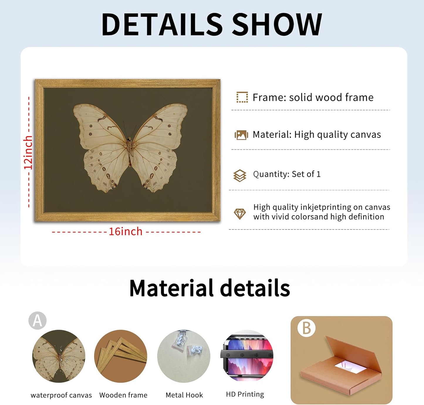 Wood Framed White Butterfly Wall Art, Vintage Butterfly Oil Paintings, Dark Moody Insect Canvas Prints, Boho Sage Green Wall Decor, for Bedroom Kitchen Bathroom Cottagecore Room Decor - 12x16 Inch