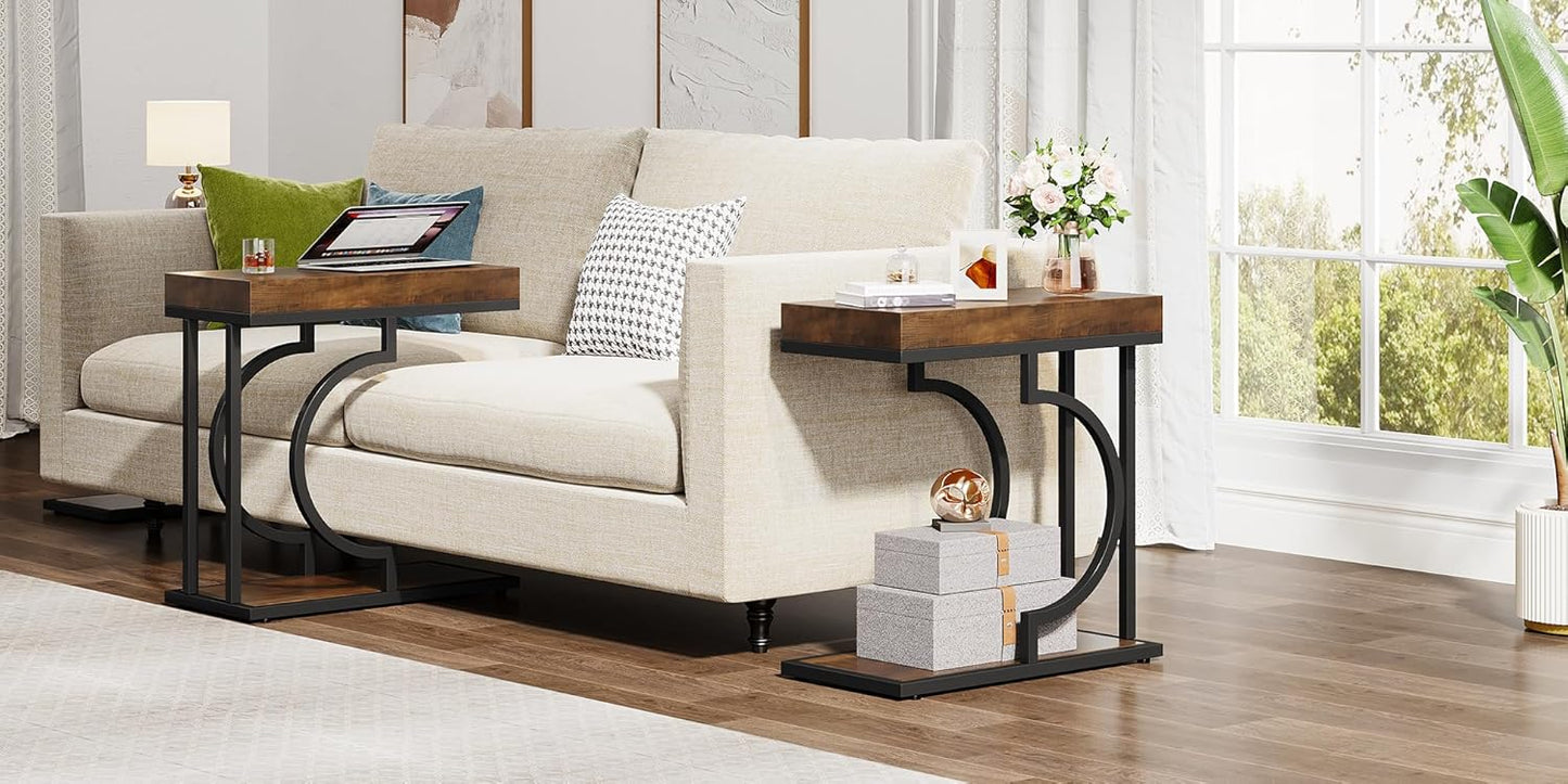 Tribesigns Side Table Set of 2 Narrow C Shaped End Table Modern Bedside Tables for Couch, Small Sofa Chairside Table with Metal Frame for Living Room (2, Brown+Black)
