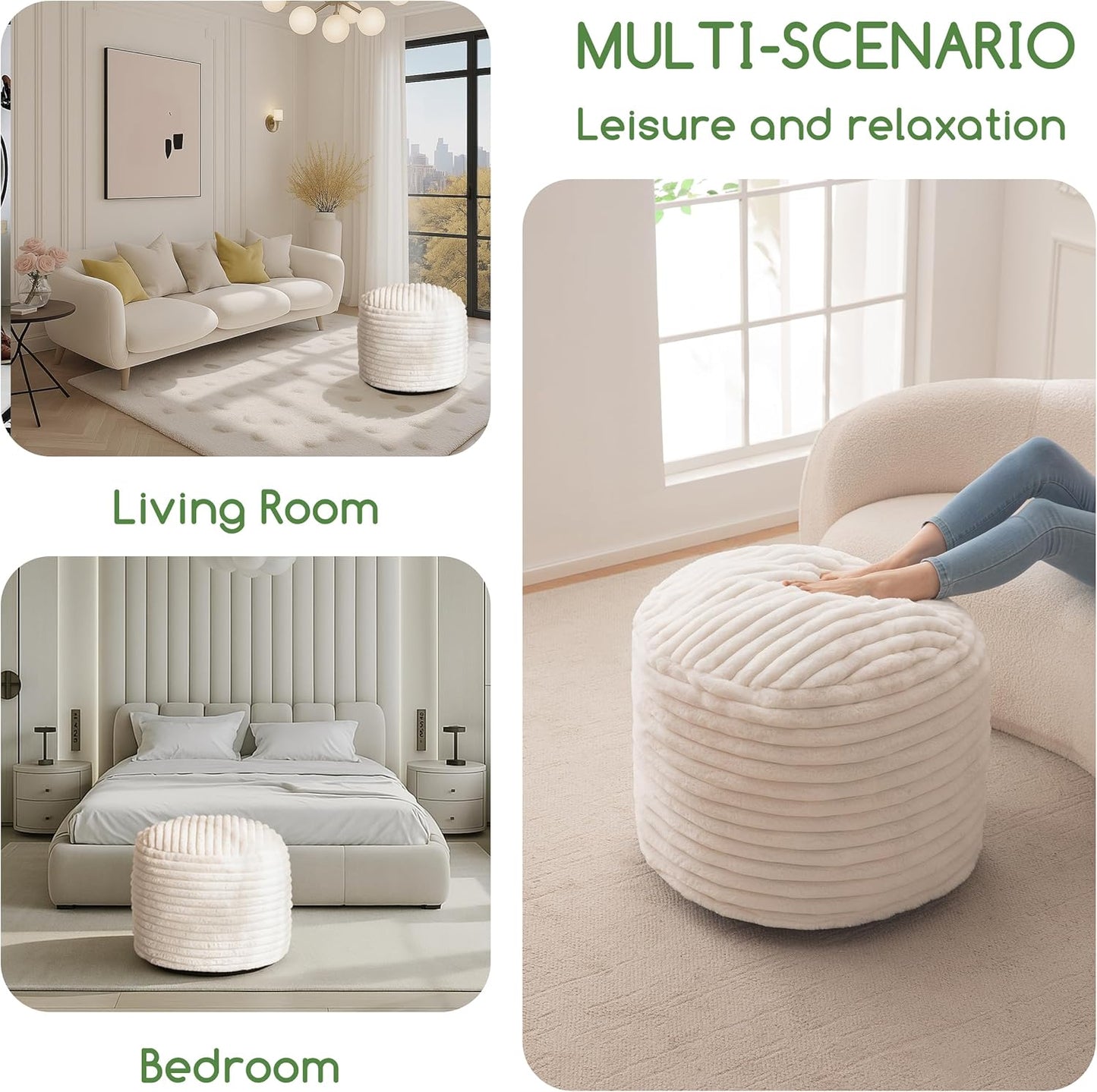 HIGOGOGO Round Stuffed Pouf Ottoman, Stripe Faux Fur Poufs with Foam Chunk Filling, Furry and Fluffy Pouf Foot Stool Storage Ottoman, 26 X 18 Floor Poufs Foot Rest for Living Room, Beige