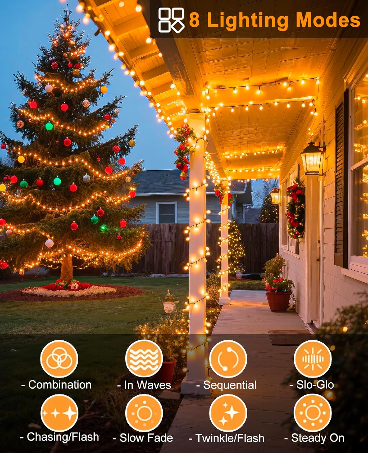 40FT 120 LED Christmas Lights Outdoor, Warm White Christmas Tree Lights with 8 Modes & Waterproof, Connectable Plug in String Light for Indoor Bedroom Yard Party Wedding Decorations