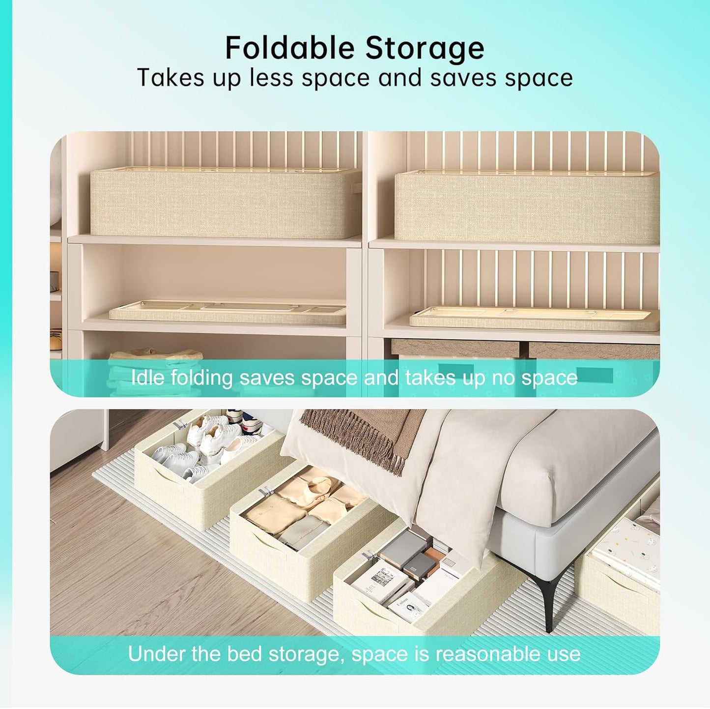 3PCS Under Bed Storage Bins with Metal Frame, Linen Fabric Frame Storage Box Clothes Organizer Bins, Underbed Container with Clear Window (Beige, 23.6 x 13 x 6IN)
