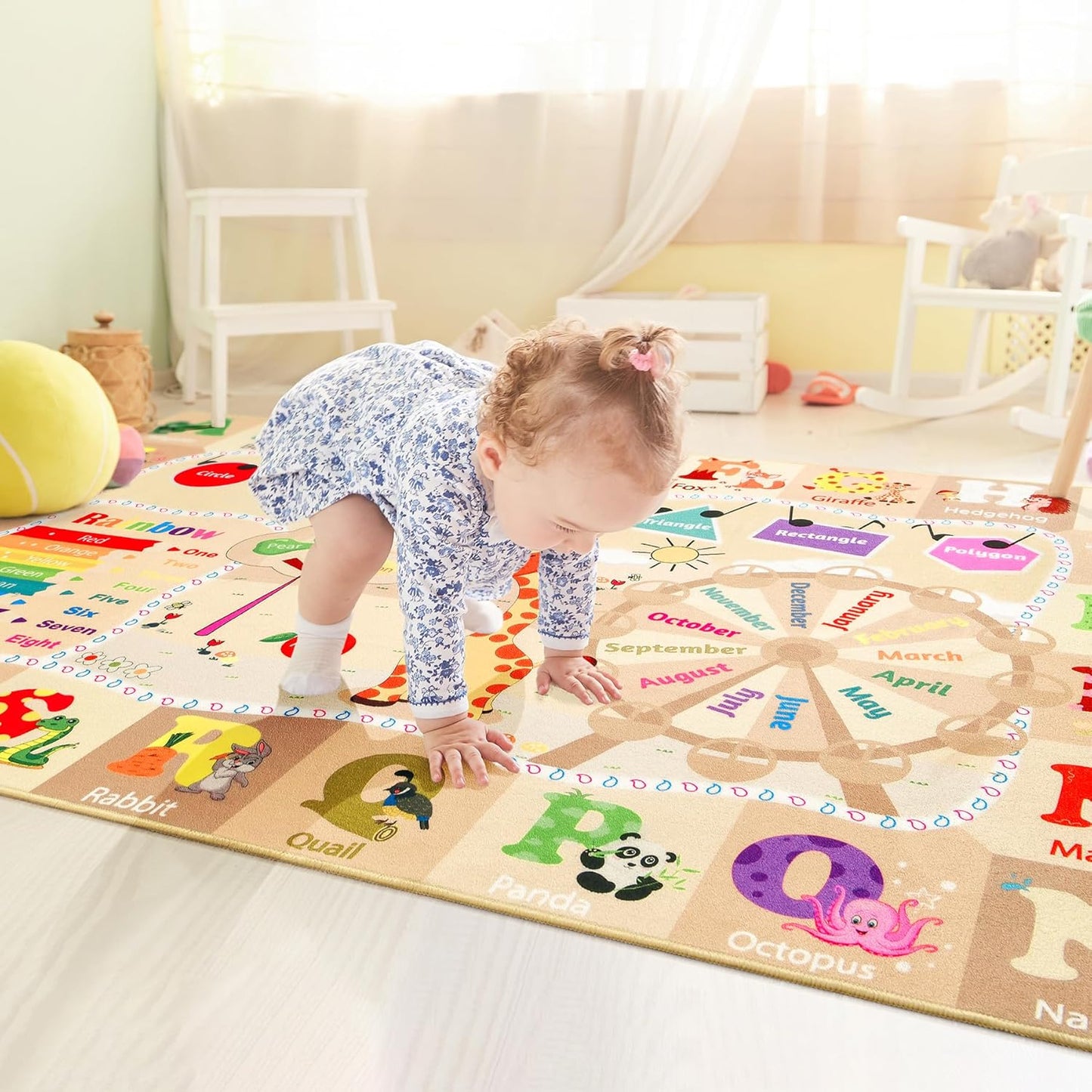 4x6 Playroom Rugs for Kids Washable, Educational and Fun Playmat with ABC Alphabet Animals Shapes Colors, Non-Slip Play Mat Learning Rugs for Baby Toddler Children Game Activity, Beige