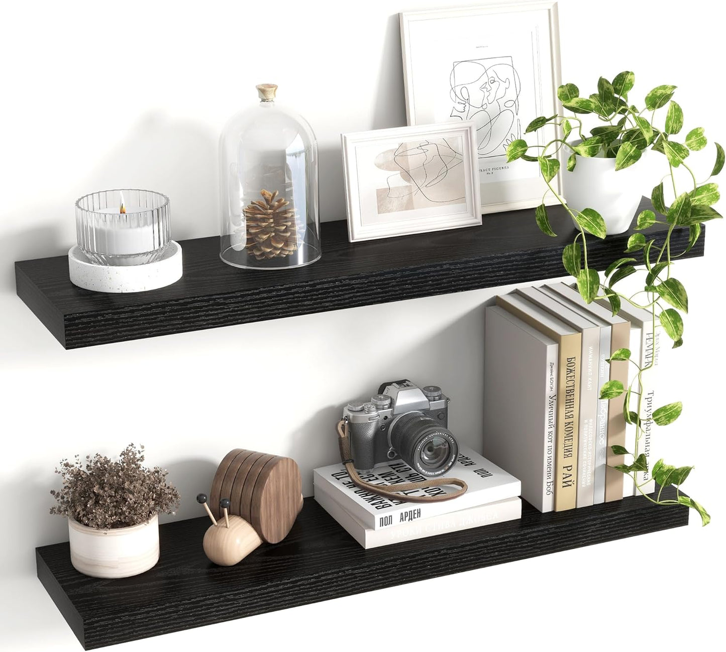 30 Inch Floating Shelves, 8 Inch Deep Floating Shelves for Wall, Hanging Shelf with Invisible Brackets, Deep Shelves for Bathroom, Bedroom, Living Room, Black, Set of 2