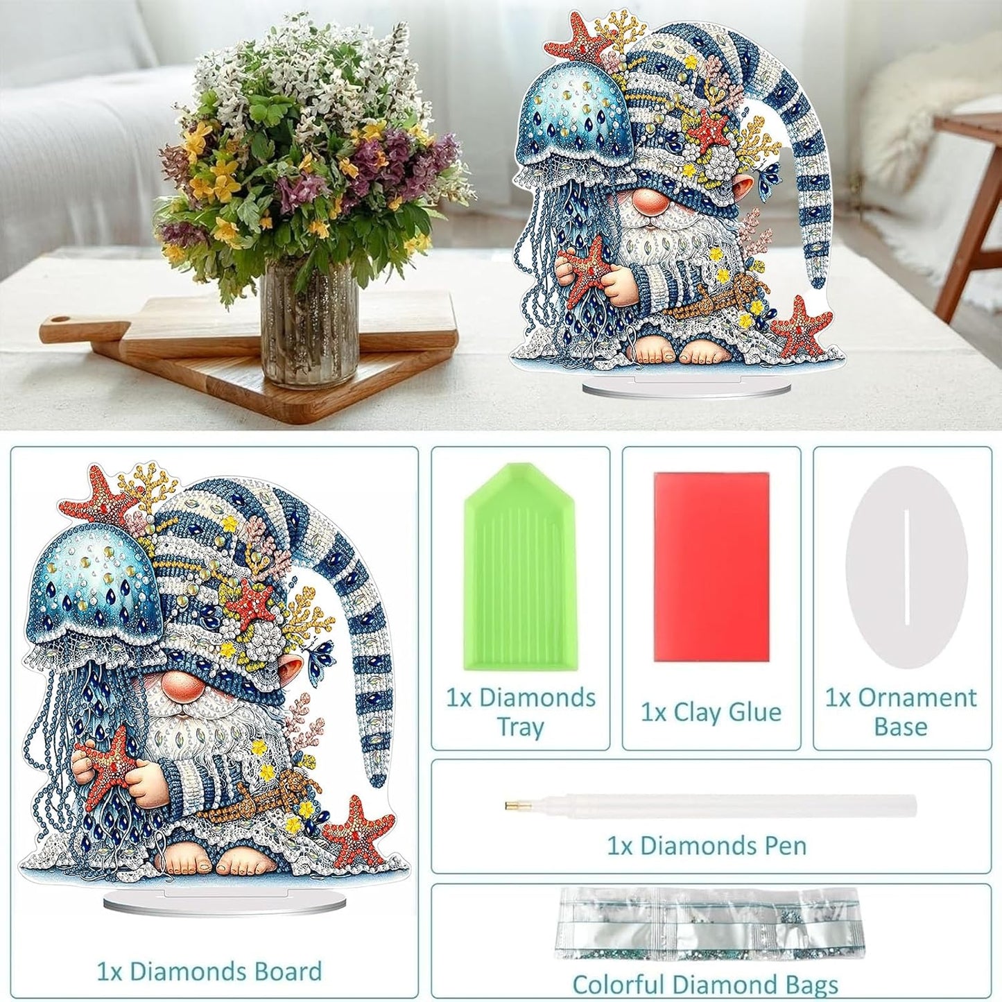 Diamond Painting Kits for Adults Beginners, 5D Full Drill Dwarf Ocean Crystal Art Desktop Ornament, DIY Single Sided Home Office Desk Decor, Creative Craft Gift Set with Tools