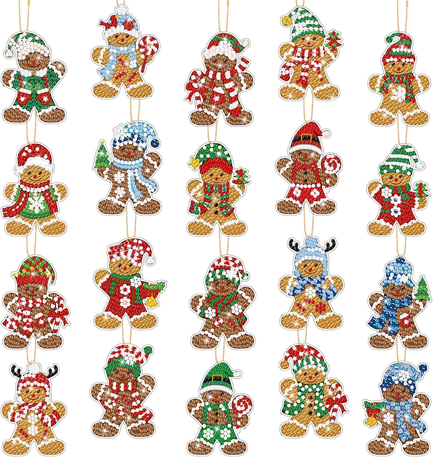 Tondiamo 20 Pcs Christmas Diamond Painting Keychain Kits 5D DIY Diamond Art Pendants Double Sided Hanging Key Chains for Christmas Party Decoration DIY(Gingerbread Man Style)