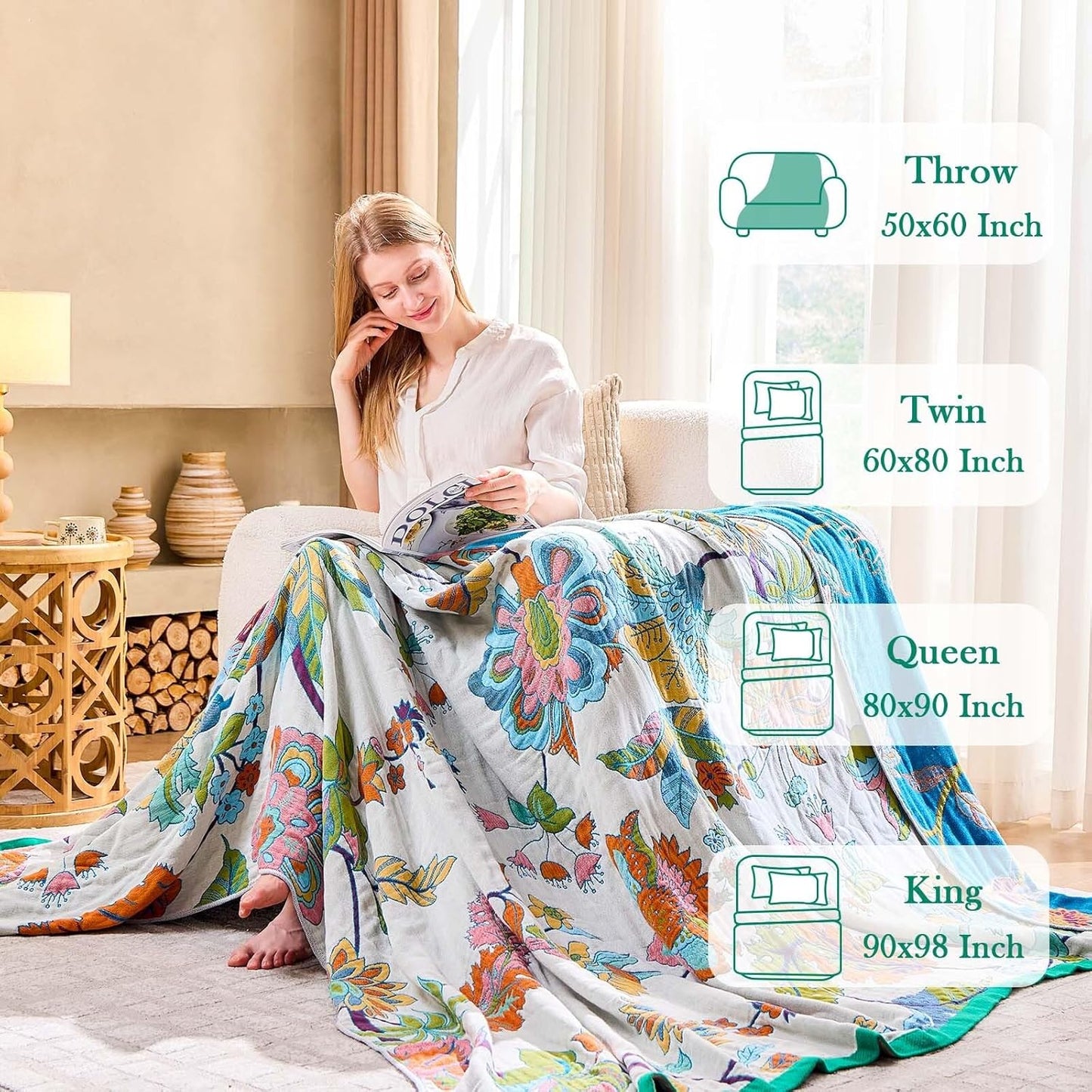 Summer Throw Blanket, 80"x90" Reversible Bohemian Flower Blanket, 100% Cotton Muslin Breathable Woven, Farmhouse Decorative Throw Blanket