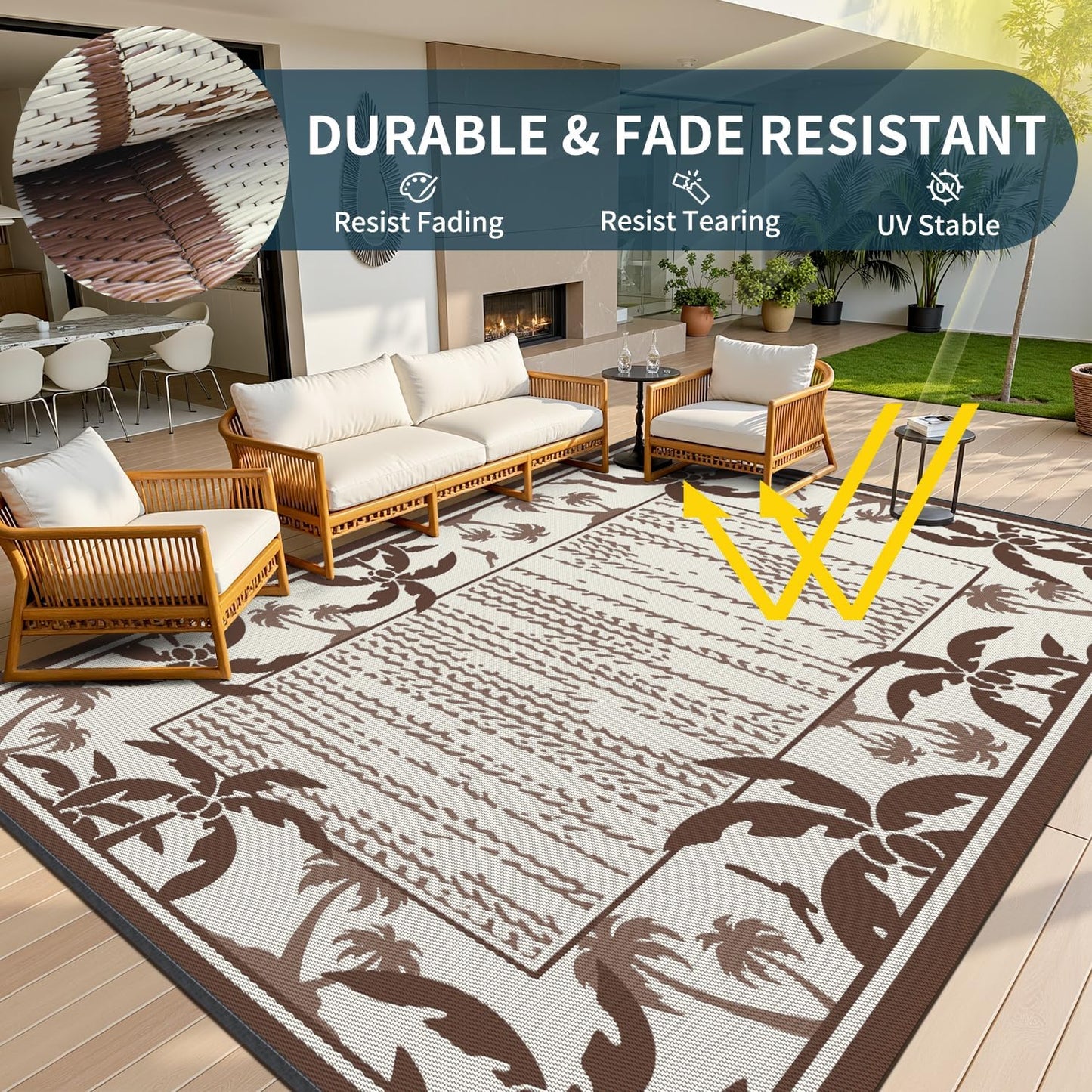 COCOER Outdoor-Rug 8x10 ft Waterproof Reversible Outdoor Plastic Straw Rug RV Indoor Outdoor Carpet Quick Dry Patio Rug Camping Mat for Balcony Backyard Picnic Beach-Brown&Beige