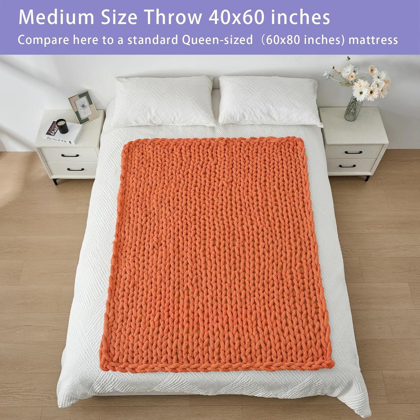 Bigacogo Chunky Knit Throw Blanket for Couch, 40x60 inches, 100% Hand Knitted with Thick Jumbo Chenille Yarn, Cozy Soft Large Rope Knot Cable Crochet Blankets for Sofa Bed Living Room, Terracotta