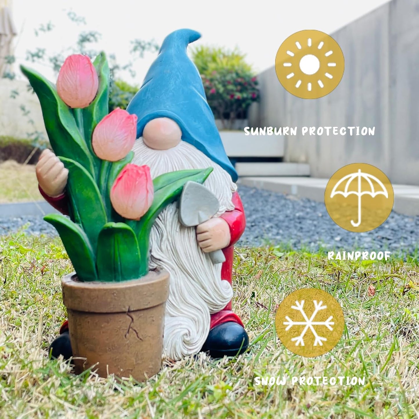 COWOS Garden Gnome Statue, Sculpture of a Dwarf Holding a Shovel and a Flower Pot, Solar Gnome Statues Outdoor Decor, Outside Lawn Patio Yard Ornament Gifts