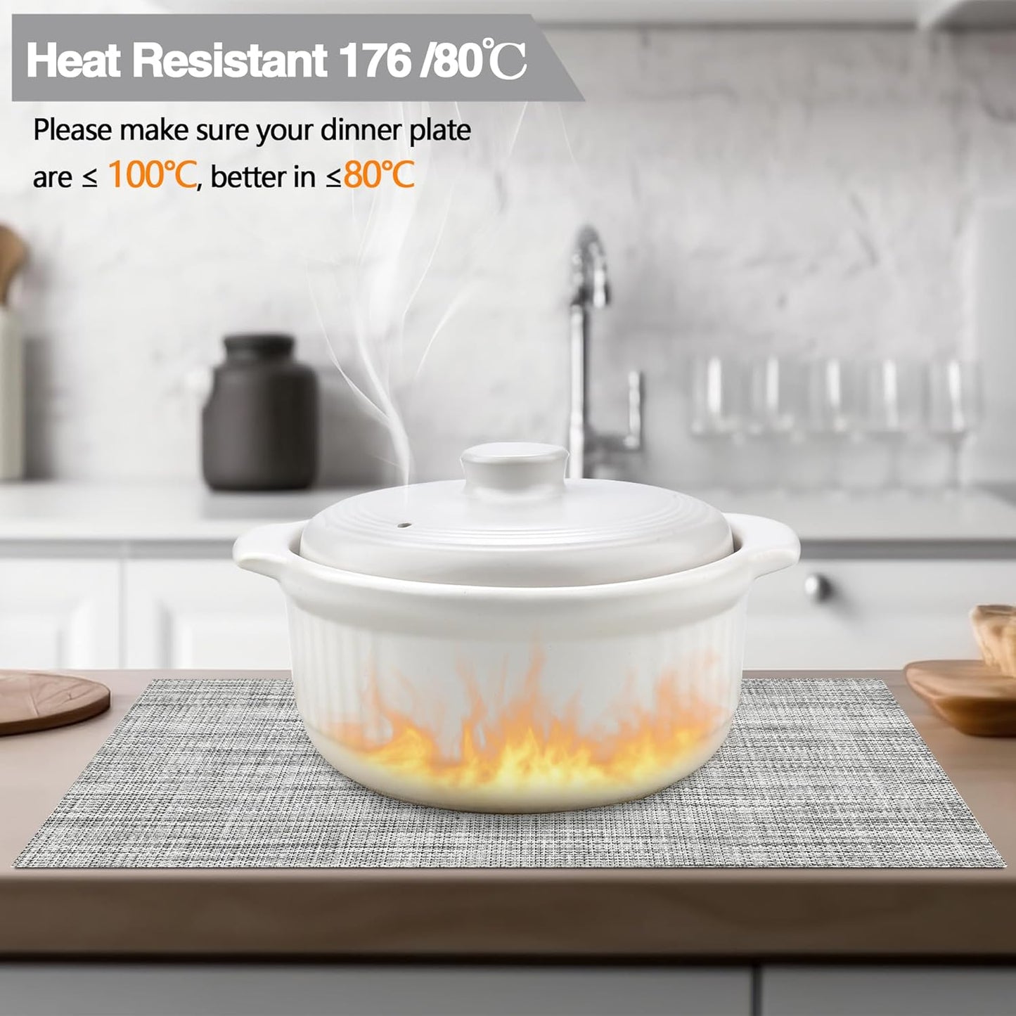 Placemats Set of 8 - Easy Clean Washable Vinyl Placemats - Wipeable Heat Resistant Table Mats for Dining Table - 17.7x11.8 Inch (8, Black & White Two-Tone)