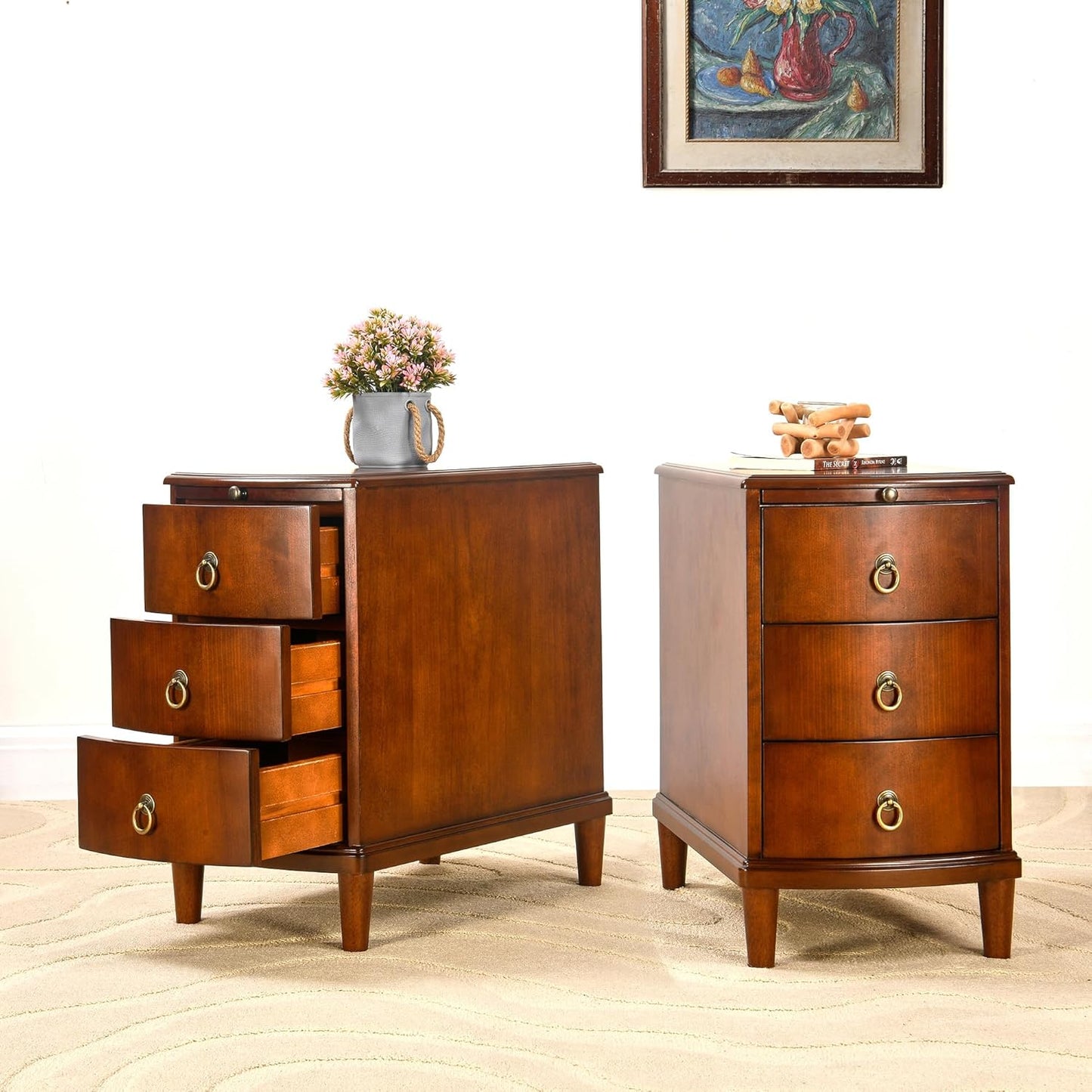 Set of 2 Solid Wood End Table with 3 Drawers, Fully Assembled Nightstand with Sliding Shelf, Pre-Assembled Vintage Wooden Beside Tables In Cherry Brown for Small Space,13.4*22.4*22.6in