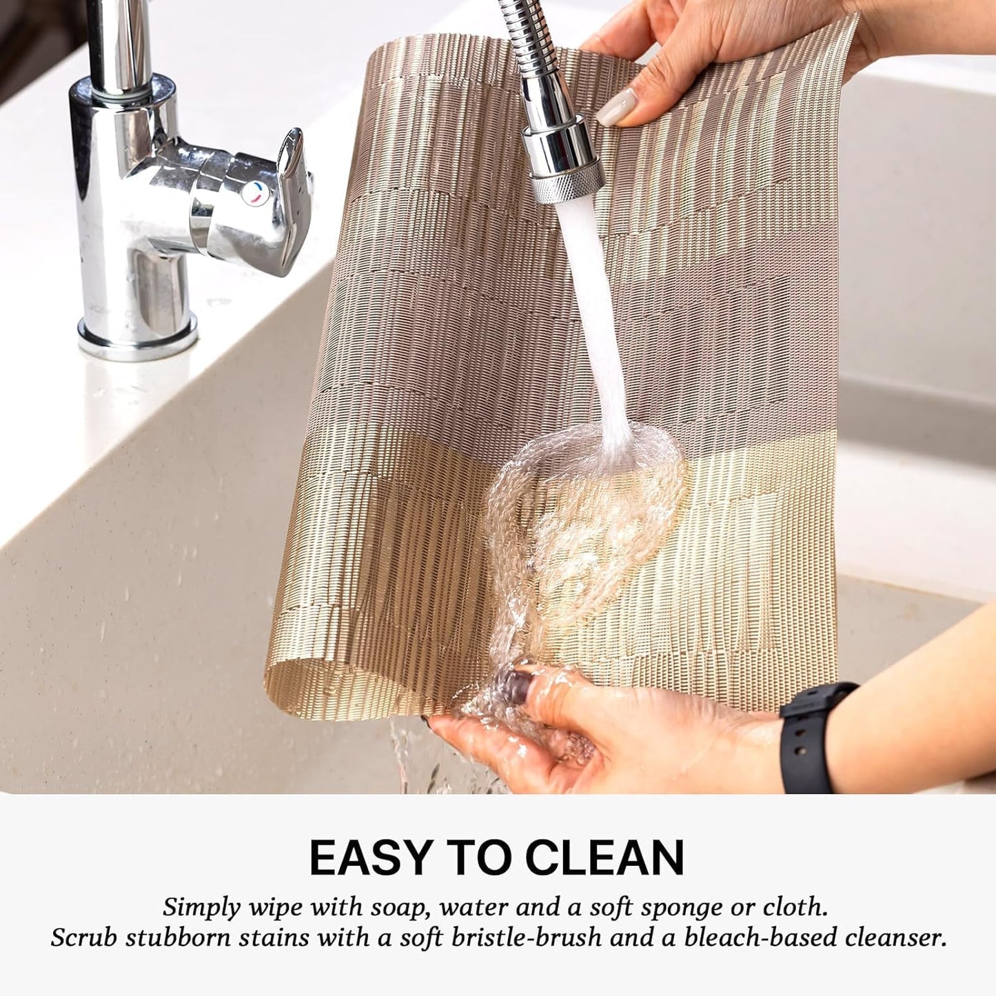 LEXMORE PlaceMats Set of 12 Vinyl/Plastic Woven Place Mats for Kitchen Table Indoor/Outdoor Washable PlaceMat Wipeable Dining Table Mats(Gold Dune)