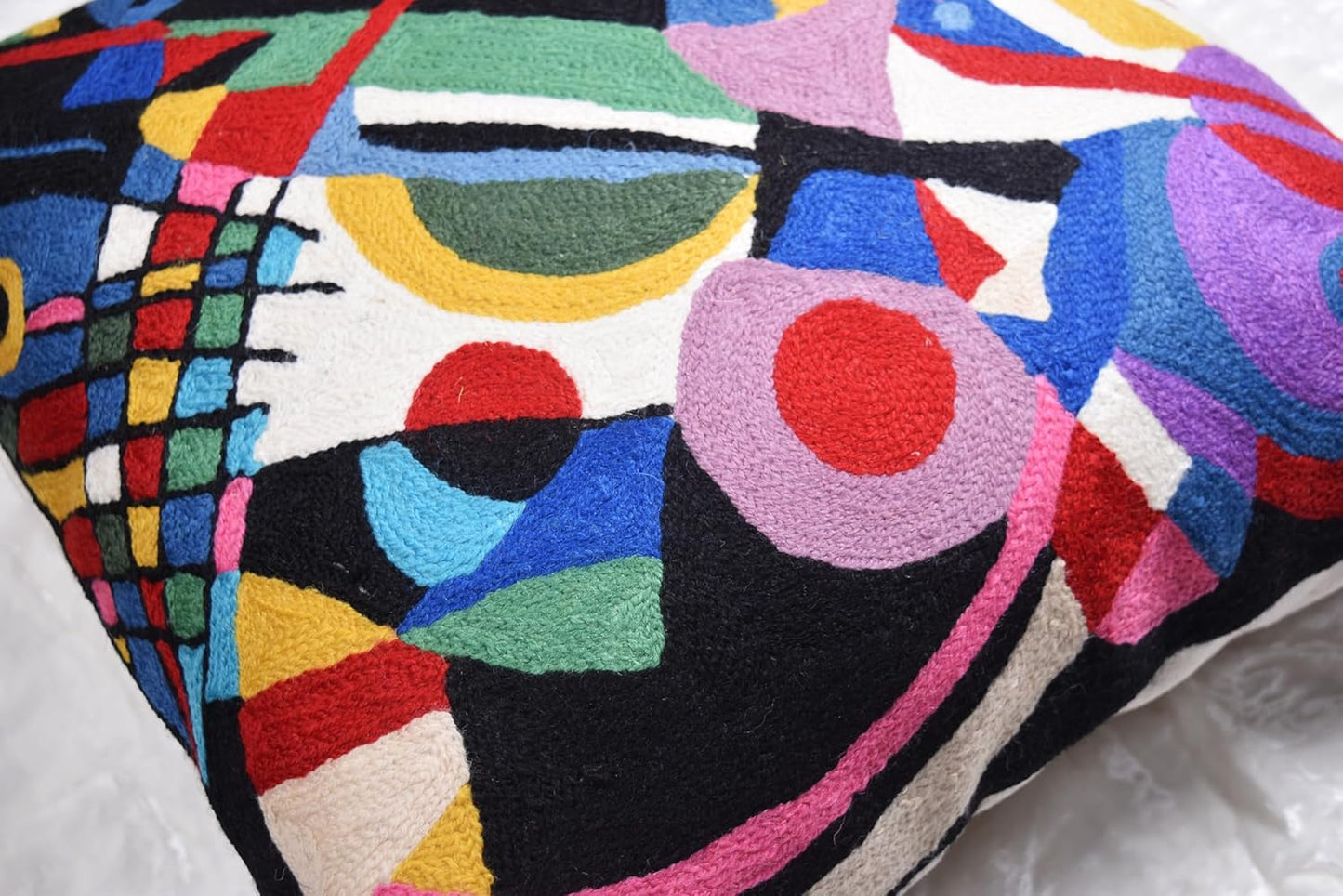 Kandinsky Impulse Modern Decorative Pillow Cover Black Abstract Toss Pillowcase Farmhouse Chair Cushion Contemporary Pillow Mid-Century Chair Cushions Hand Embroidered Pillow Wool Size 18x18