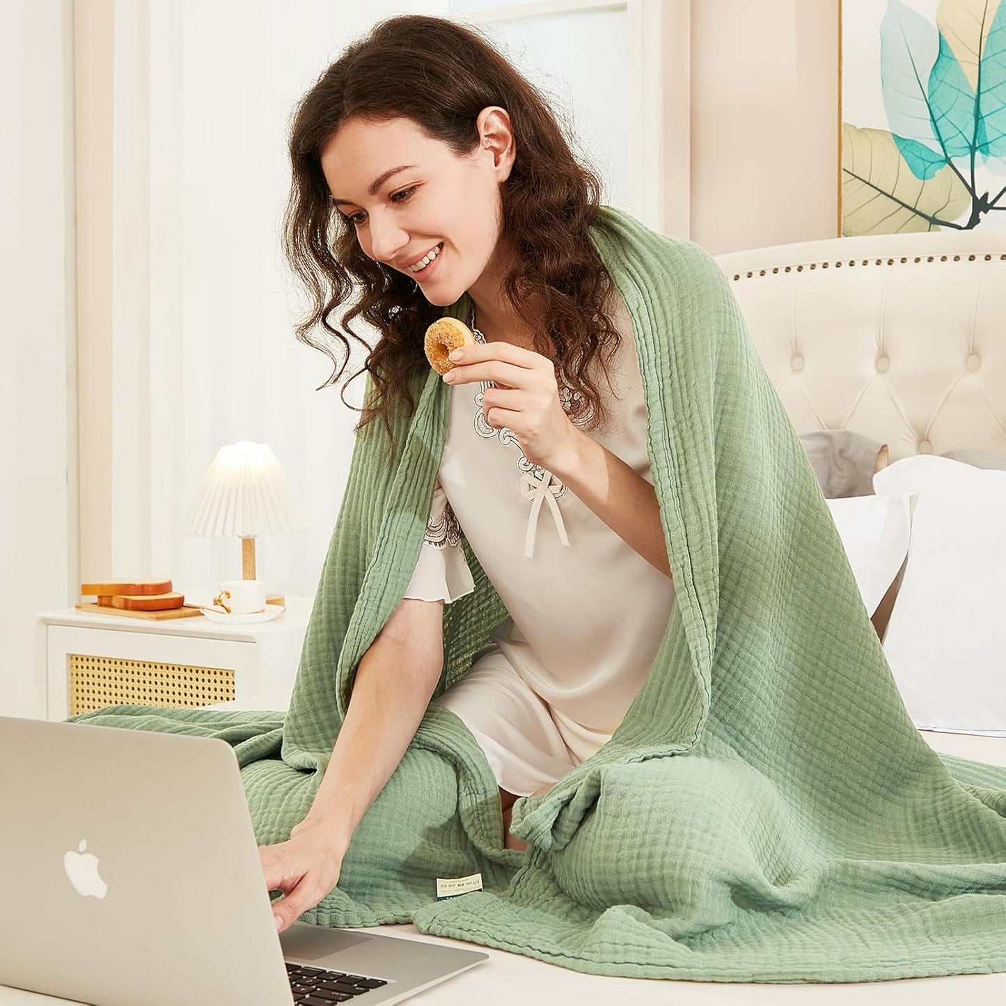 EMME Cotton Muslin Blanket King Size - Soft, Breathable Layering Blanket, 108"x90", All Season Gauze, Sage Green