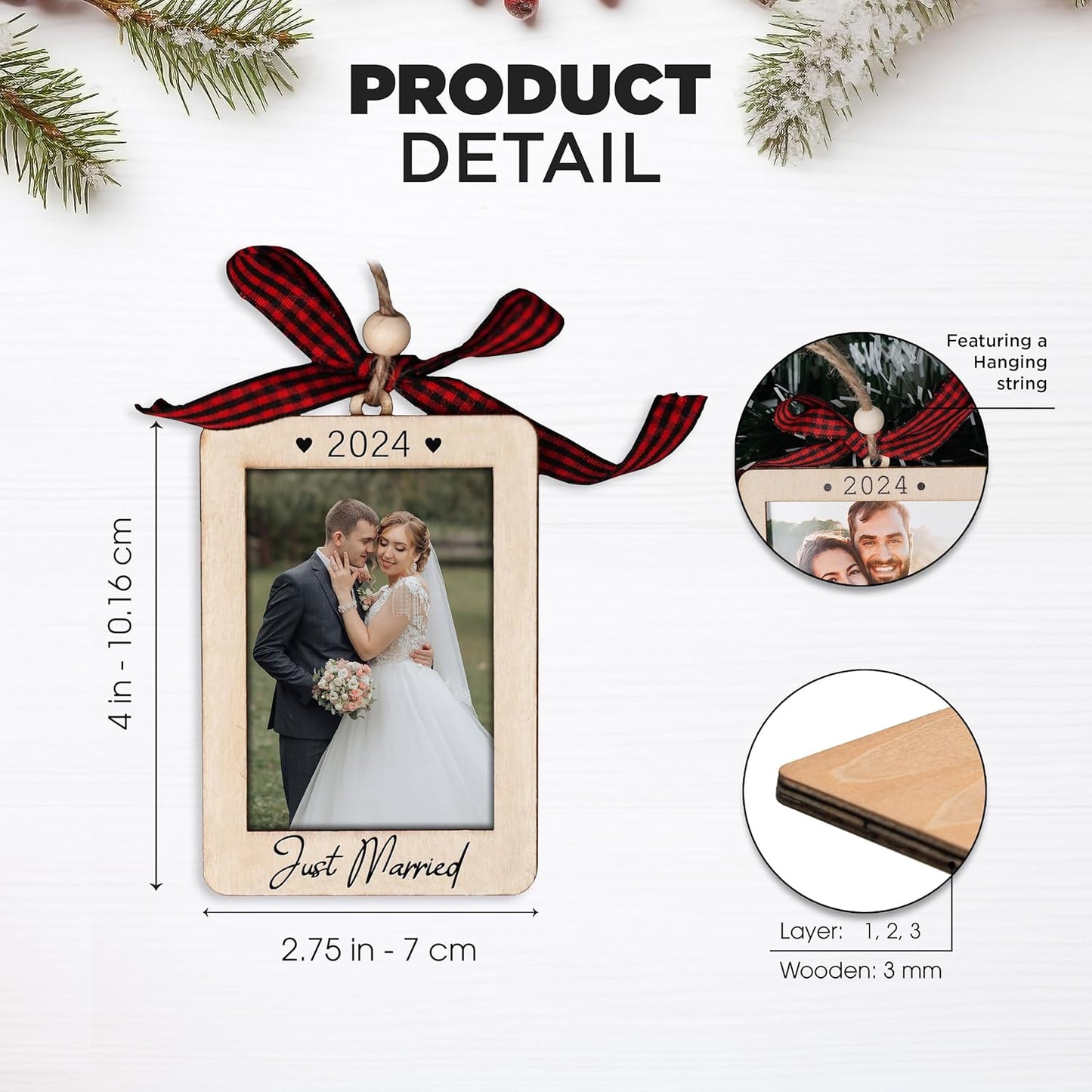 Christmas Photo Frame Ornament, 2025 Ornament, Wooden Picture Frame Ornaments With Hanging String (Married)
