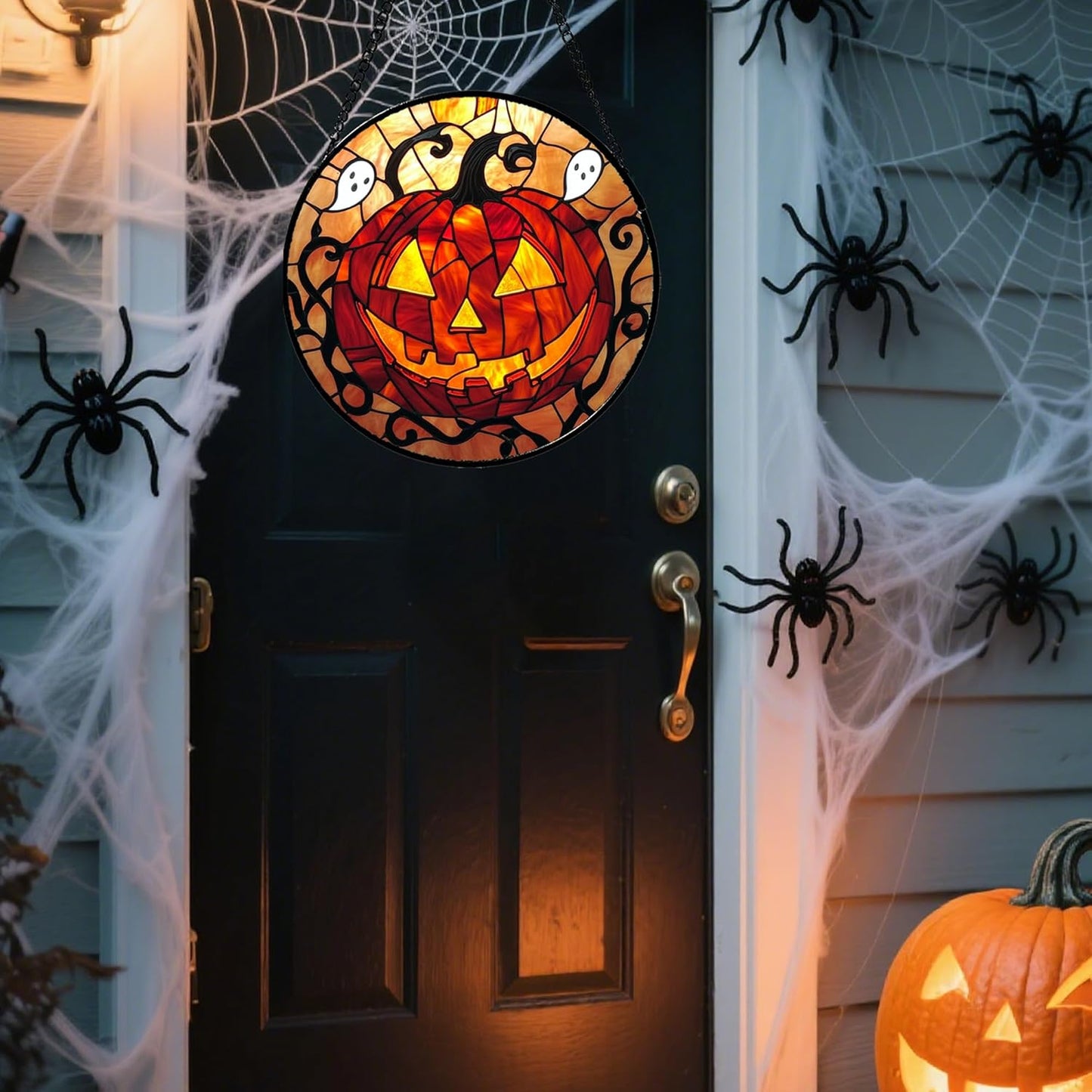 Stained Glass Window Hanging - Halloween Decorations Evil Pumpkin Orange Suncatcher for Doors Garden Indoor Funny Spooky Sun Catchers Gothic Decor Horror Gifts for Women Men Friend 6.3 in