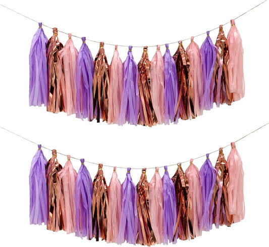 Pink Purple Rose Gold Tissue Paper Tassel Garland,Tissue Tassel Banner for Party Decorations,Pack of 15