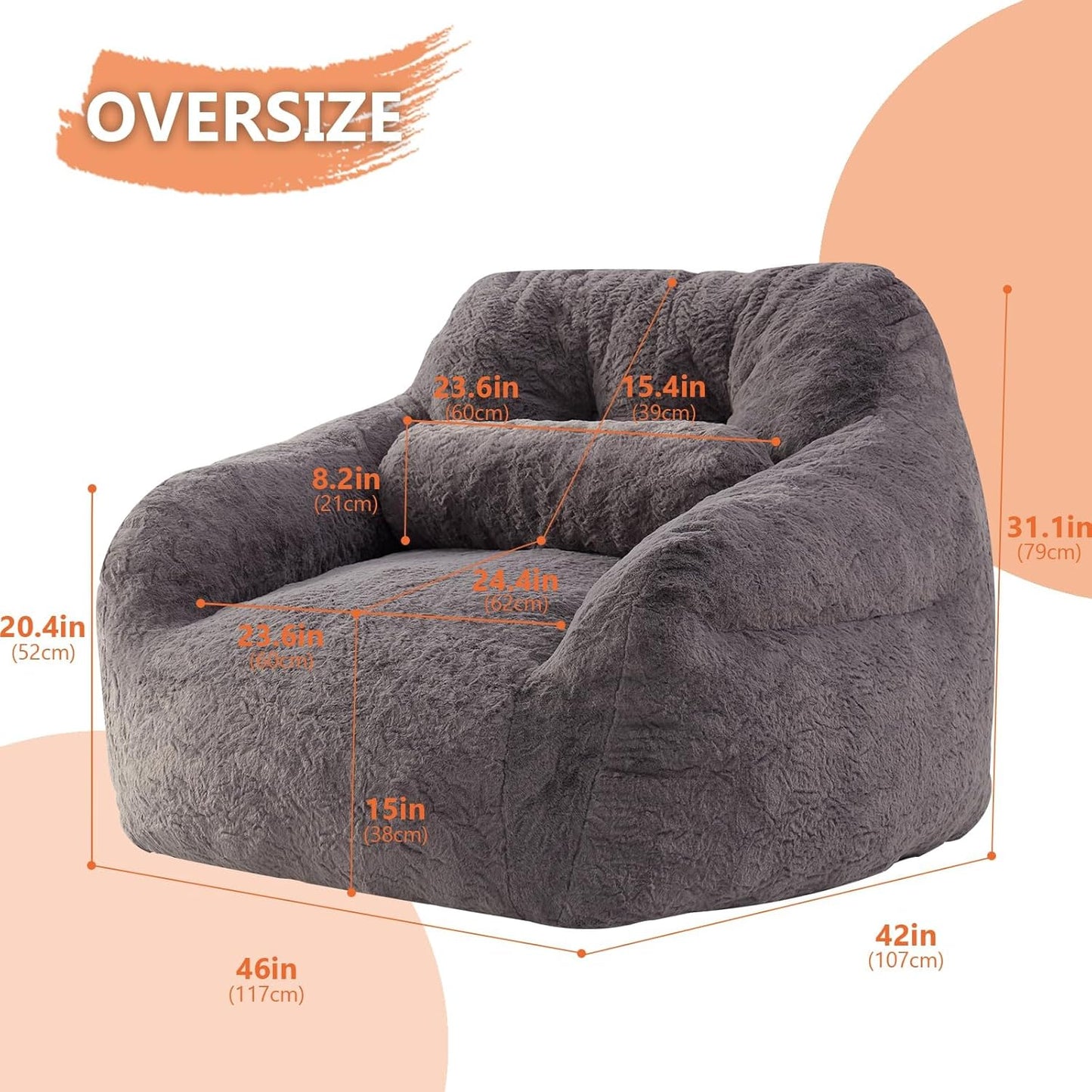 Bean Bag Chair for Adults with Pillow,Oversized Bean Bag Couch Chairs for Adults,Giant Lazy Couch Sofa Chairs with Filler,Large Reading Chair for Living Room Bedroom,Dark Gray