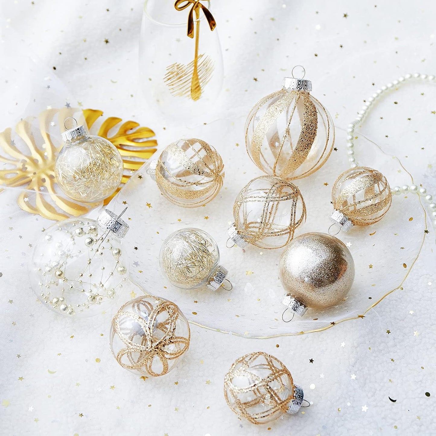 Clear Christmas Ball Ornaments,24ct Shatterproof Plastic Decorative Christmas Ornaments Hanging Xmas Tree Baubles Set with Stuffed Delicate Glittering Decorations for Holiday Party Decor (Champagne)