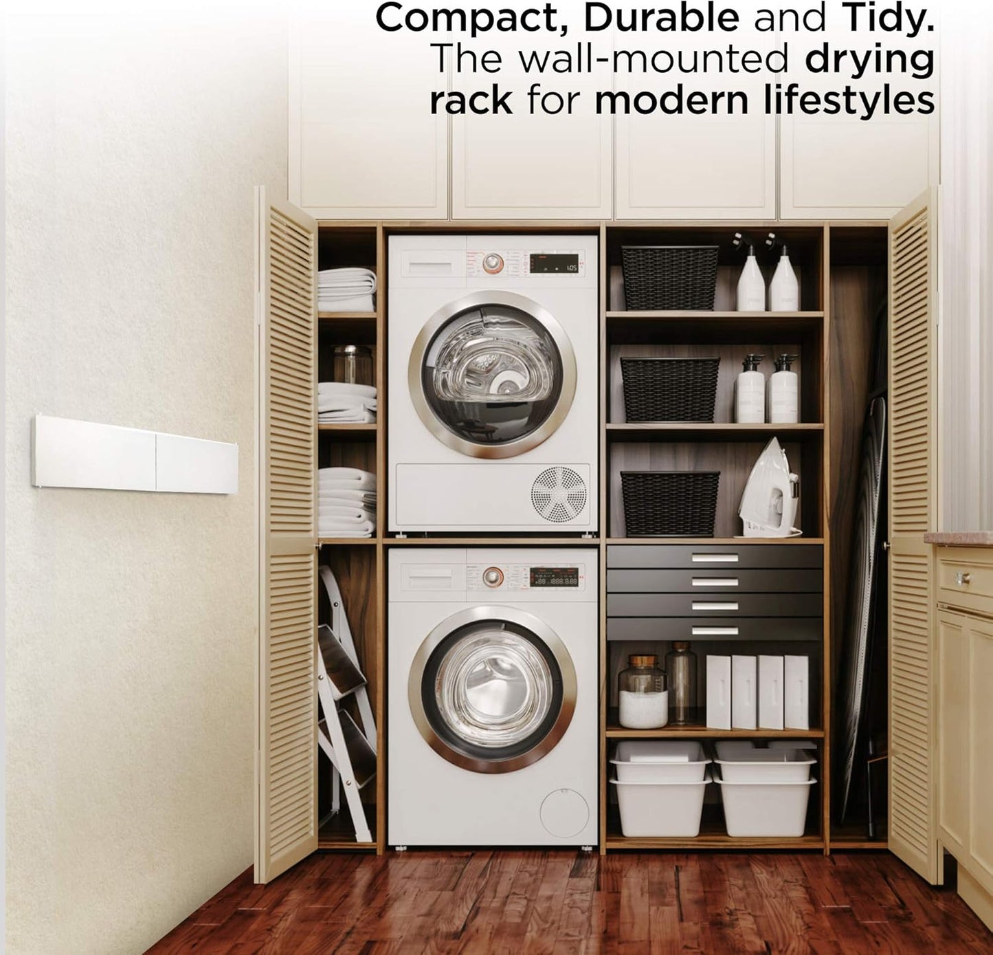 Step Up Laundry Drying Rack (28-INCH White), Wall Mounted, Retractable Clothes Drying Rack, 40lbs Capacity, 11.6 Linear Ft, with Wall Template and Long Screwdriver Bit