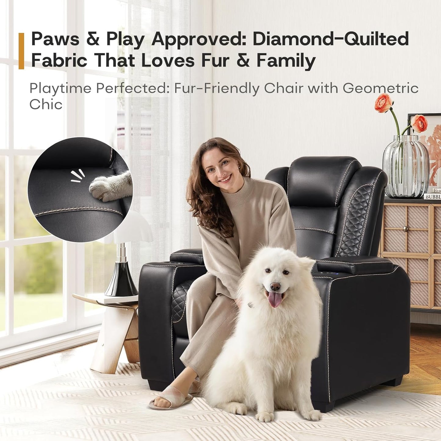 ANJ Power Recliner Home Theater Seating, Electric Recliner Chair with Adjustable Headrest,PU Leather Dual Motor Movie Reclining Chairs with Cup Holders LED Lights,USB Port,Hidden Arm Storage (Black)