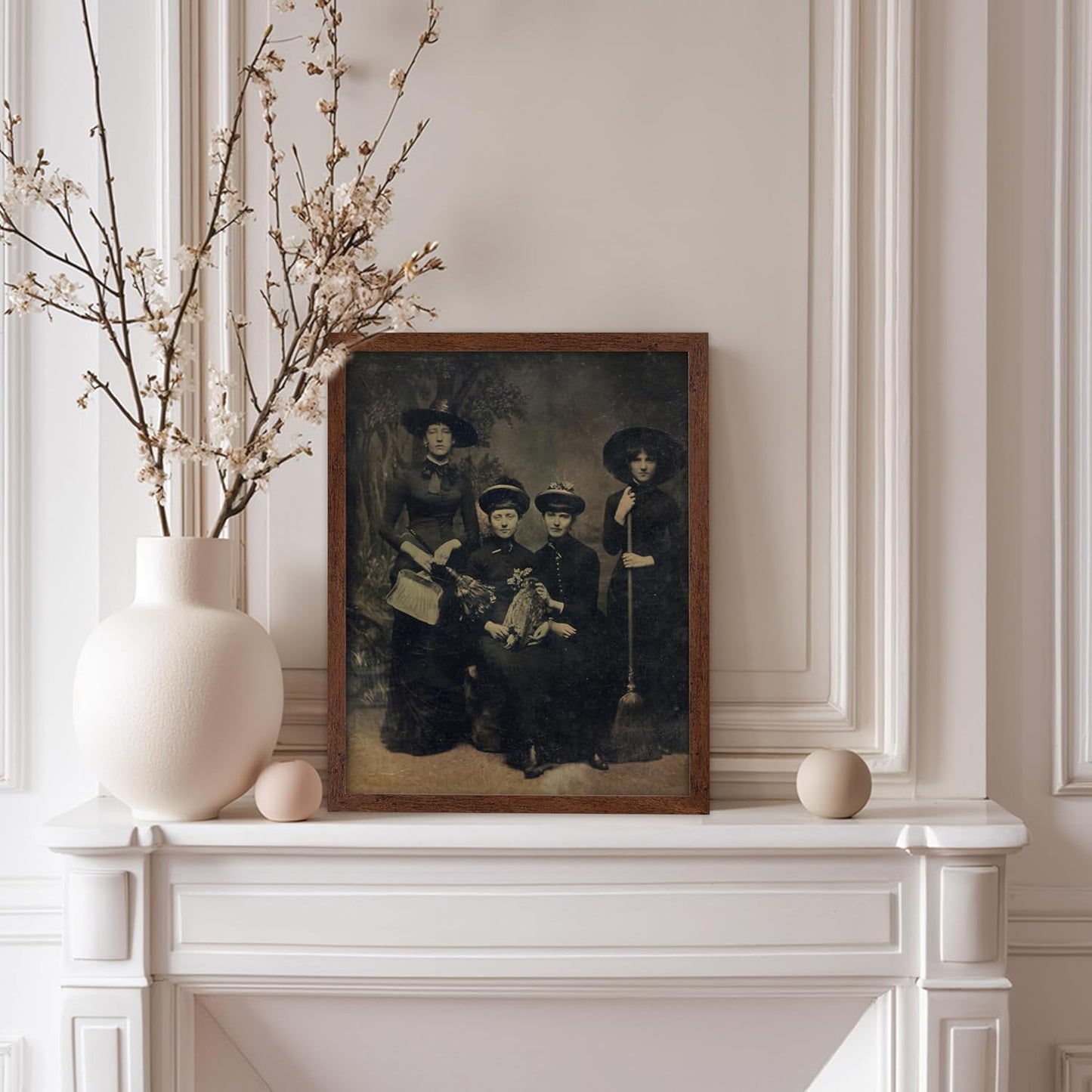 Poster Master Vintage Photograph Poster - Retro Halloween Print - Gift for Artist, Friend - Four Witches Wearing Robes, Sabbath, Coven, Sorcery - Wall Decor for Home, Office, 11x14 Brown Framed