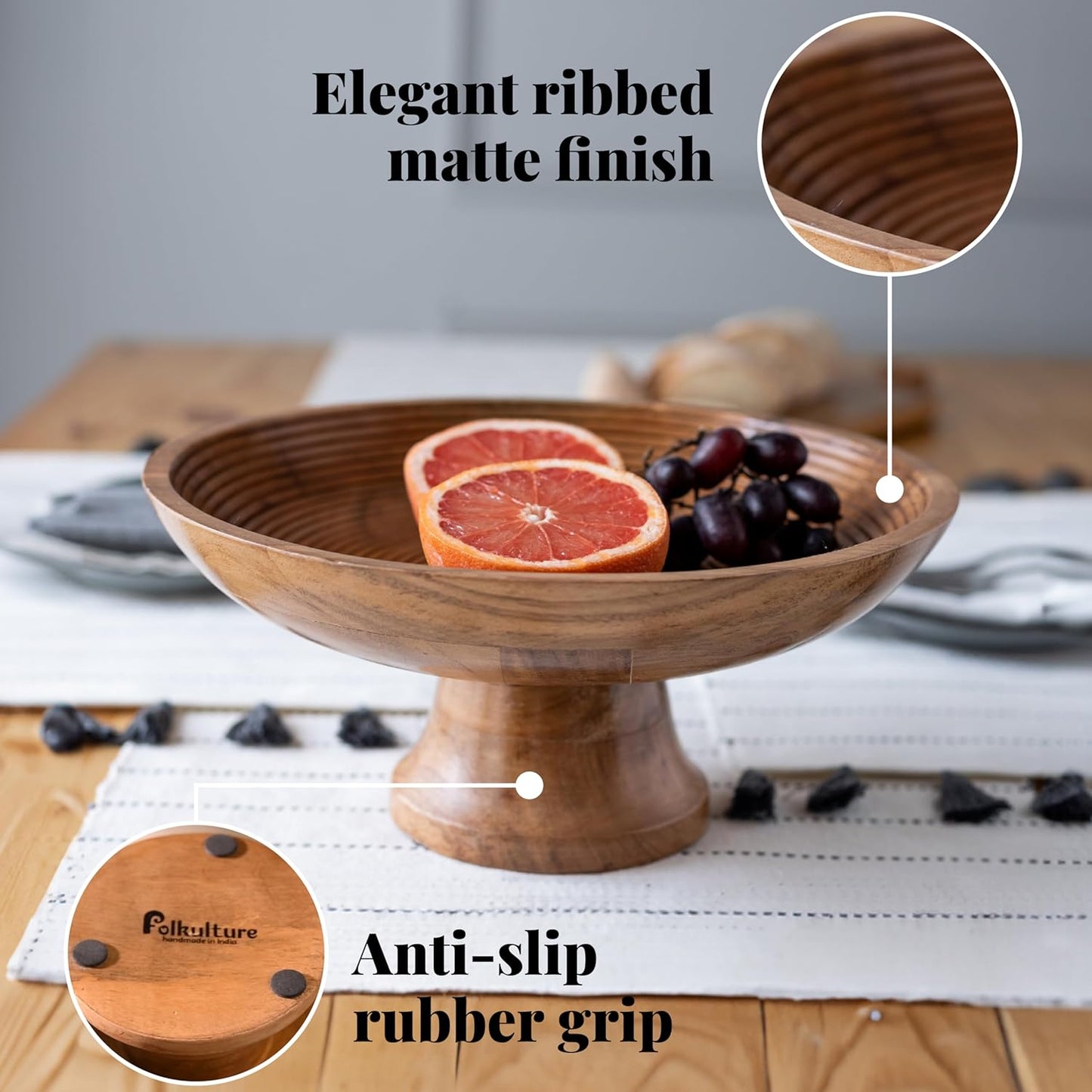Folkulture Wooden Fruit Bowl for Kitchen Counter | 12" Large Premium Eco Friendly Banana Fruit Basket for Kitchen | Acacia Wood Bowl with Holder, Pedestal for Table Decor, Centerpiece for Dining Table