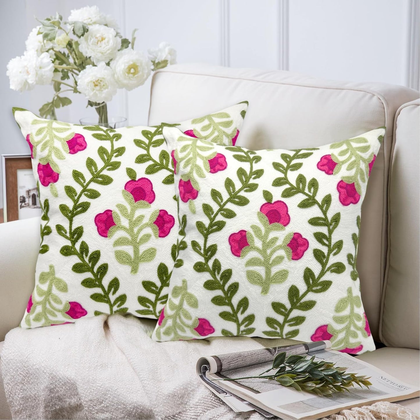 Alysheer Summer Decorative Throw Pillow Covers 18"x 18" Set of 2, Floral Embroidered Farmhouse Hot Pink Flowers Green Vine Patterned Cotton Canvas Cushion Case for Sofa Couch Bed Living Room Decor