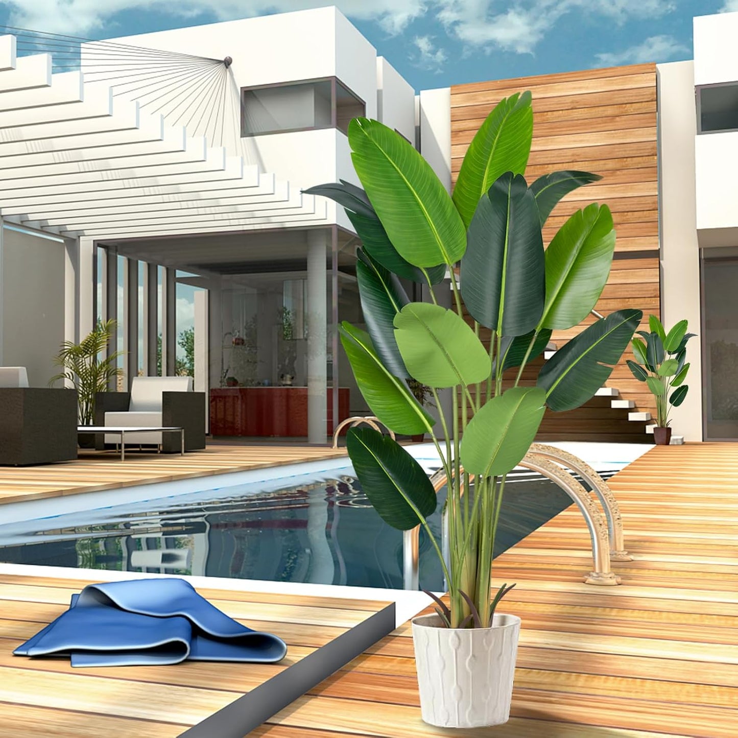 Artificial Bird of Paradise Plant 6Ft Fake Tropical Palm Tree with 13Trunks Faux Banana Leaf Trees in Pot for Home Indoor Outdoor Office Modern Decor Housewarming Gift（2Pcs）