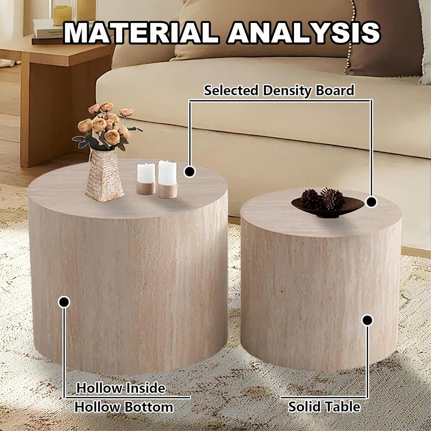 Nesting Coffee Table Set of 2 Modern Small Round Coffee Table and End Table Sets Wooden Drum Side Tables Circle Accent Center Tables for Living Room Apartment,No Assembly,Travertine