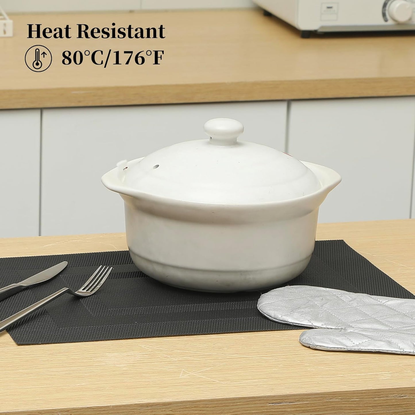 Leetaltree Black Frame Placemats Set of 8 - Heat Resistant Non-Slip Place mats for Dining Table, Washable Durable PVC Vinyl Woven Table Mats（Black Frame, 8）