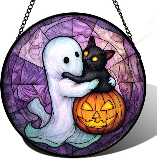 Stained Glass Window Hanging - Halloween Decorations Ghost Black Cat Pumpkin Suncatcher for Door Garden Spooky Purple Sun Catchers Gothic Decor Horror Gifts for Women Men Friend Boy 7.8 in