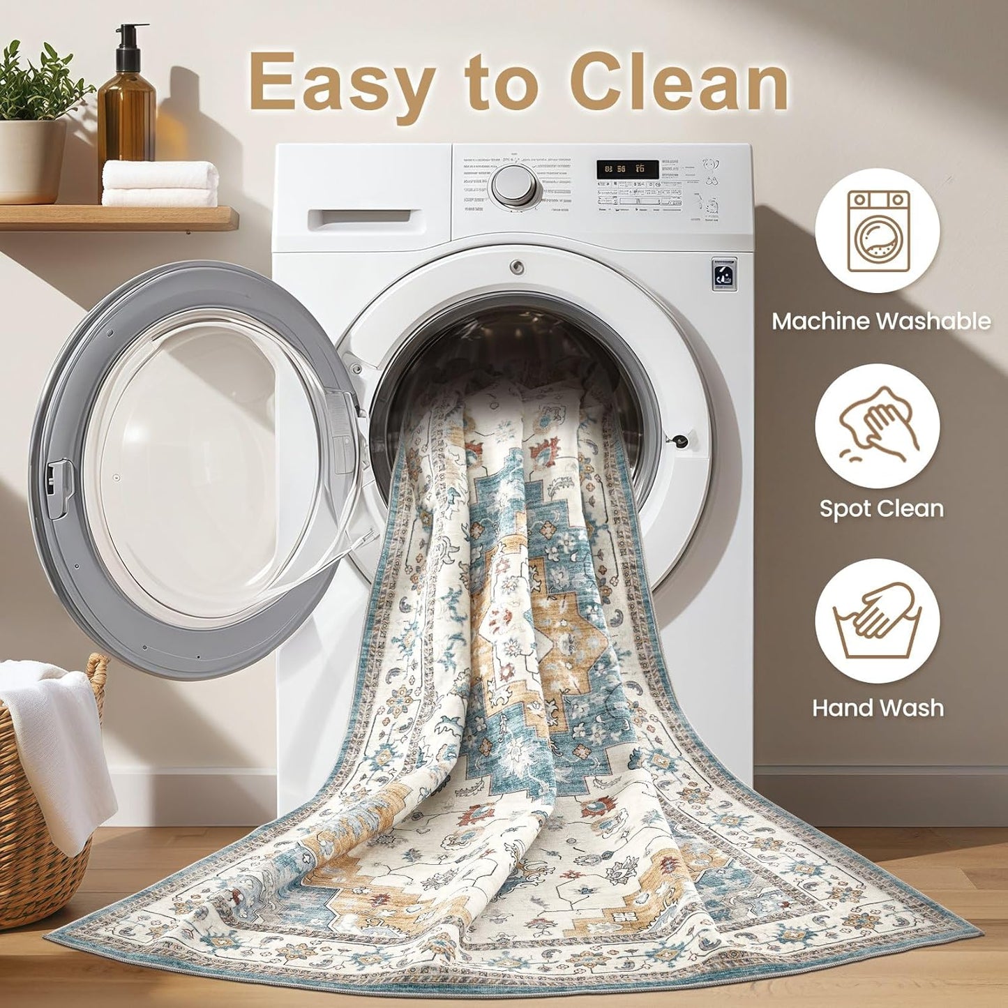 Washable Area Rugs for Living Room - 5x7 Neutral Vintage Distressed Floral Farmhouse Boho Large Soft Floor Rug Indoor Non Slip Carpet for Living Room Bedroom Dining Room Office - Blue/Yellow/Beige