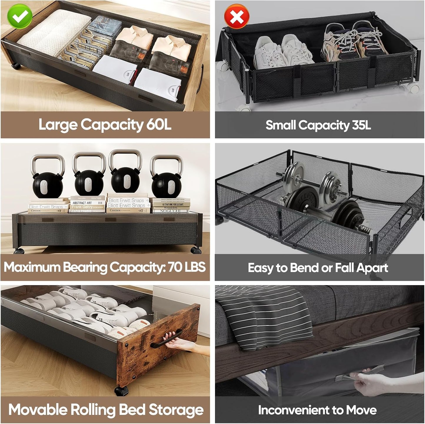 Wooden Under Bed Storage with Wheels, Rolling Under the Bed Storage Bins with Removable Lid, Metal Under Bed Drawers for Clothes and Shoes in Bedroom or Living Room(Vintage Brown-1pack)