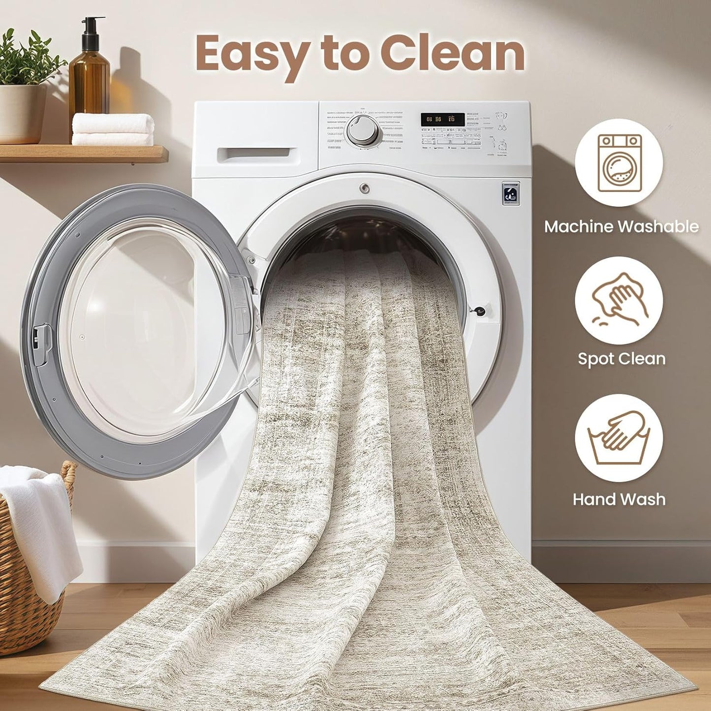 Washable Area Rugs for Living Room -5x7 Neutral Vintage Distressed Floral Farmhouse Boho Large Soft Floor Rug Indoor Non Slip Carpet for Living Room Bedroom Dining Room Office-Beige