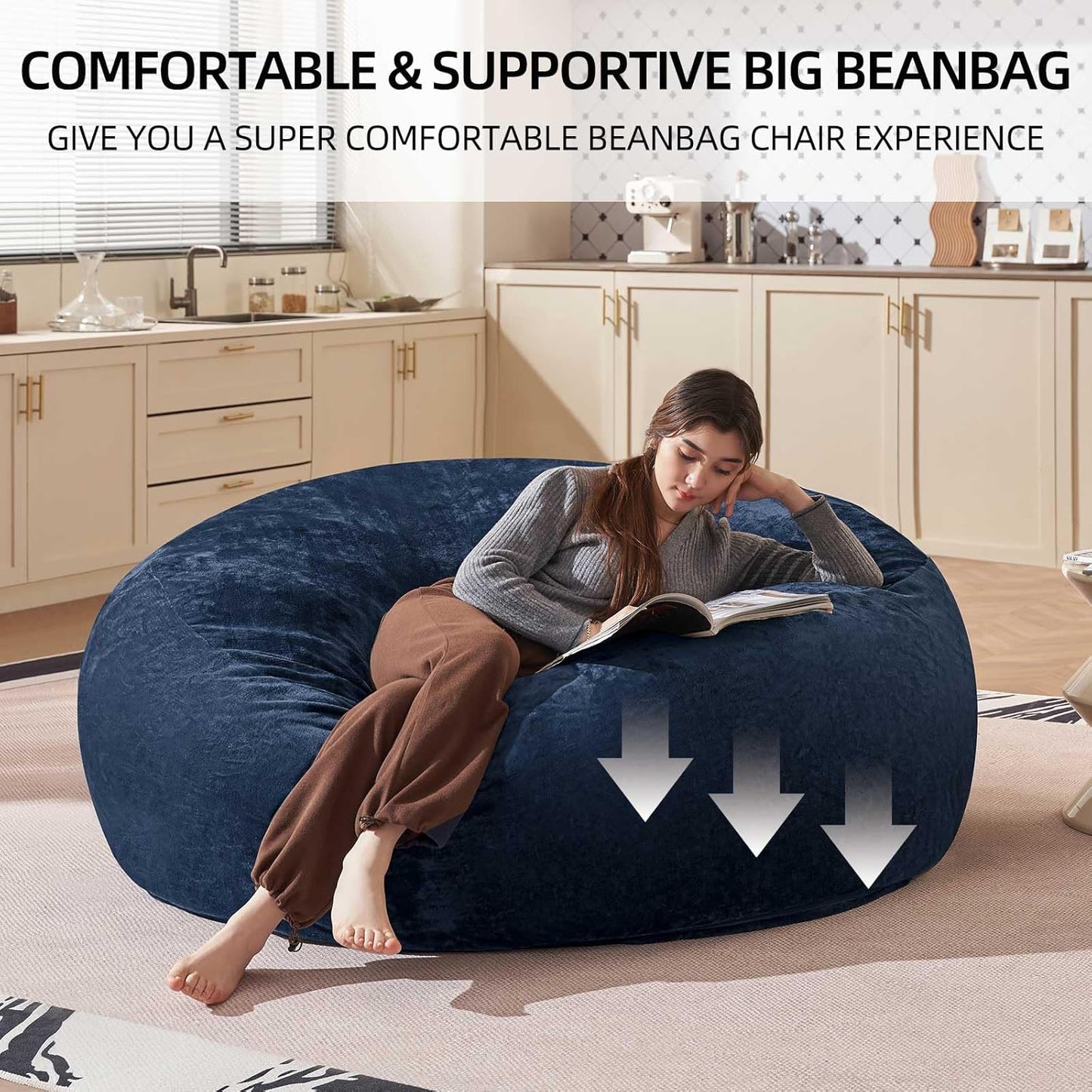 Bean Bag Chair 6Ft, Memory Foam Filled, Large Beanbag Chairs for Adults and Teens, Soft Sofa with Removable Flannel Cover, Round Couch for Living Room Bedroom College Dorm (Blue, 6FT-67×67"×24")