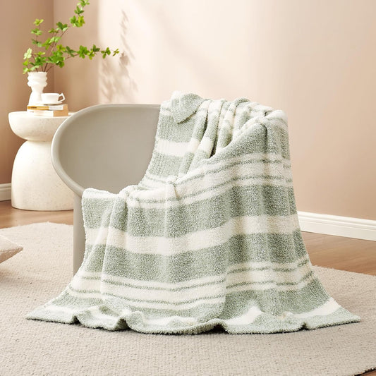 Snuggle Sac Stripe Sage Green Throw Blanket for Couch, Super Soft Warm Blankets Cozy Knit Fuzzy Plush Lightweight Throws for Sofa, Bed,Living Room, Stripe Green, 50x60 inches