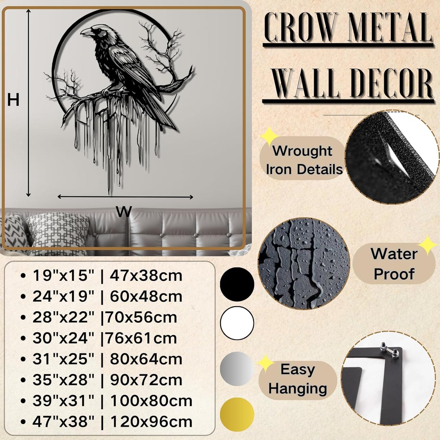 Crow Metal Wall Decor, Raven Wall Art, Large Gothic Raven Decor Hangings, Bird Wall Decor, Metal Tree Branch Decor, Ravens Sign, Raven Art for Living Room (Black, 19"x15" | 47x38cm, metal wall art)