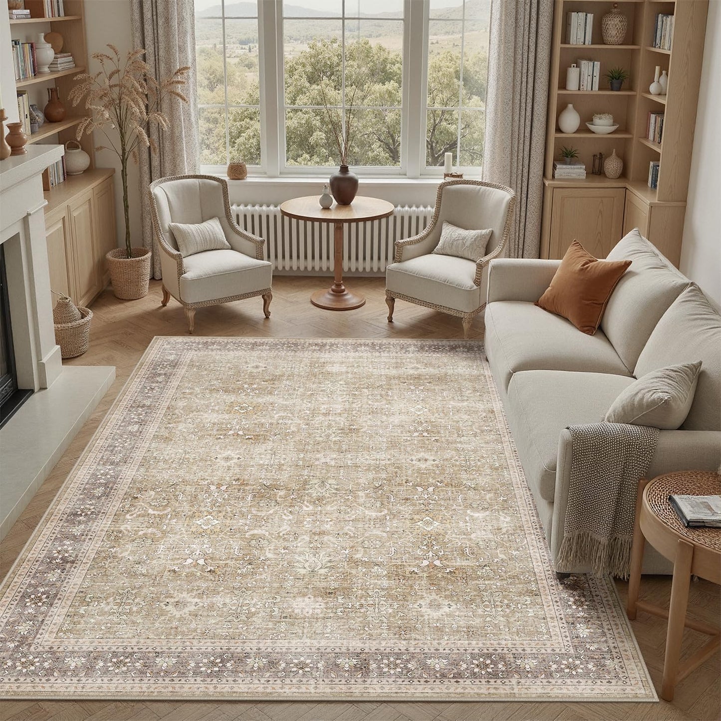 DCX Machine Washable Brown and Beige Area Rug 8x10, Non Slip Stain Resistant Vintage Rug for Living Room Diningroom Bedroom Nursery, Soft Low Pile Large Carpet