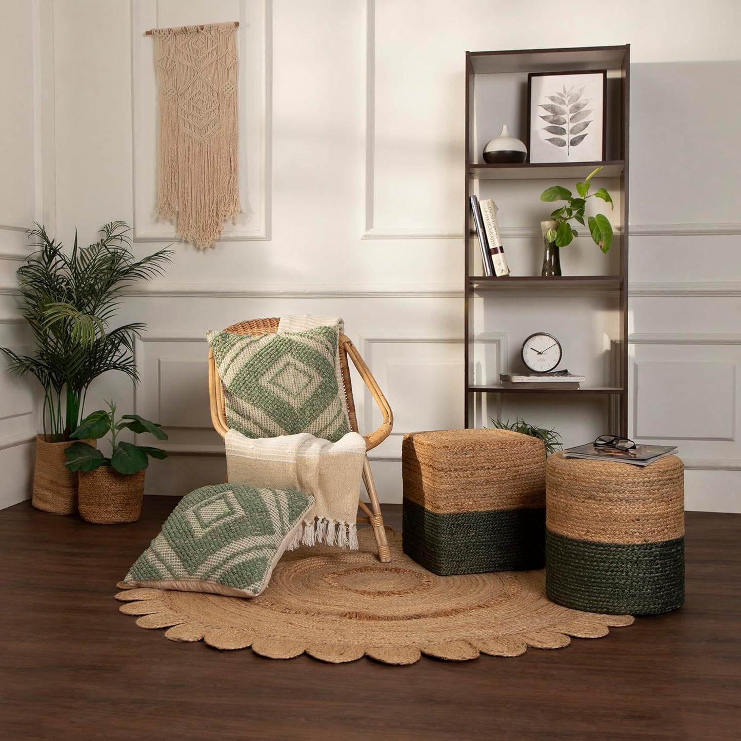 REDEARTH · Cylindrical Pouf Foot Stool Ottoman - Jute Braided Pouffe Poof Accent Sitting Footrest for The Living Room, Bedroom, Nursery, Patio, Lounge & Other Rooms (14.5”x14.5”x16”; Natural Olive)